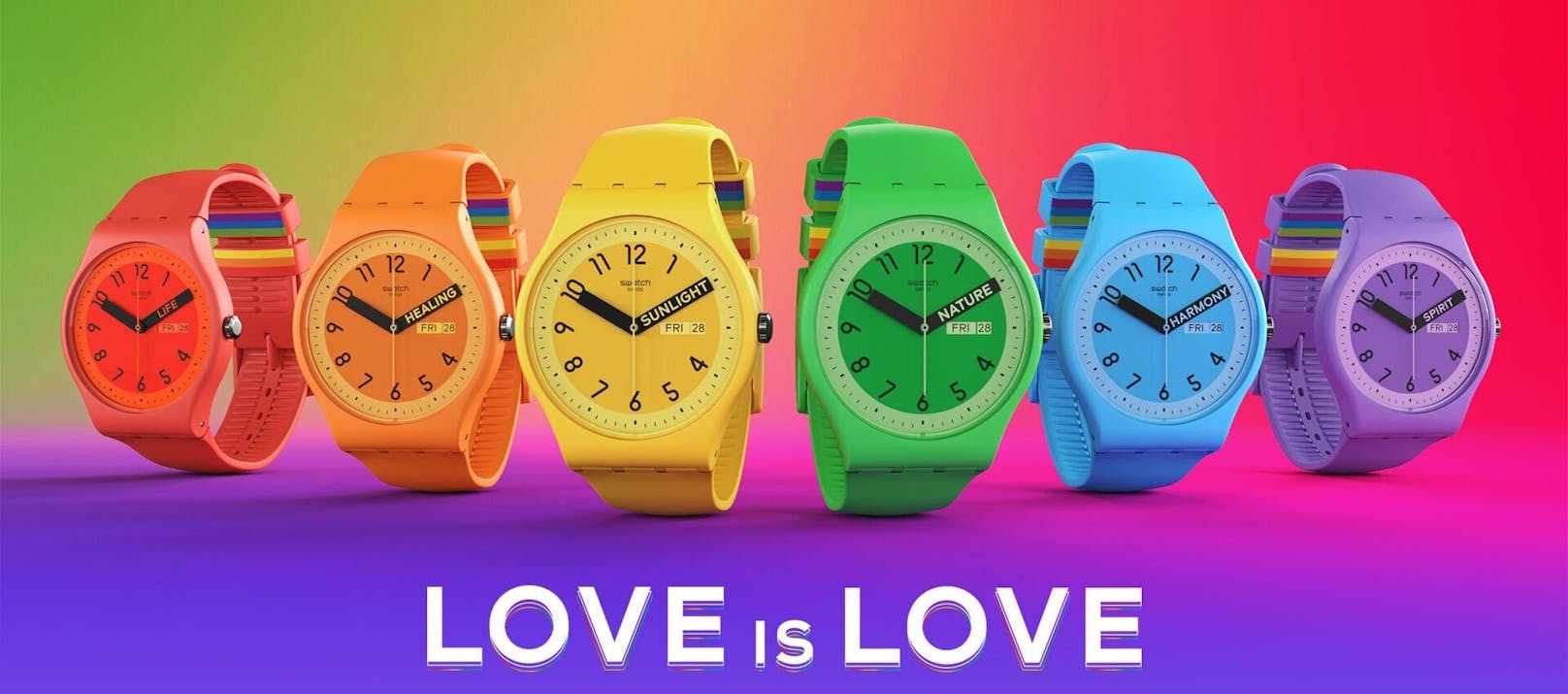 Farbenfroh sind die Uhren, die Swatch im Mai 2023 im Rahmen ihrer "Pride"-Kollektion vorgestellt hatte.