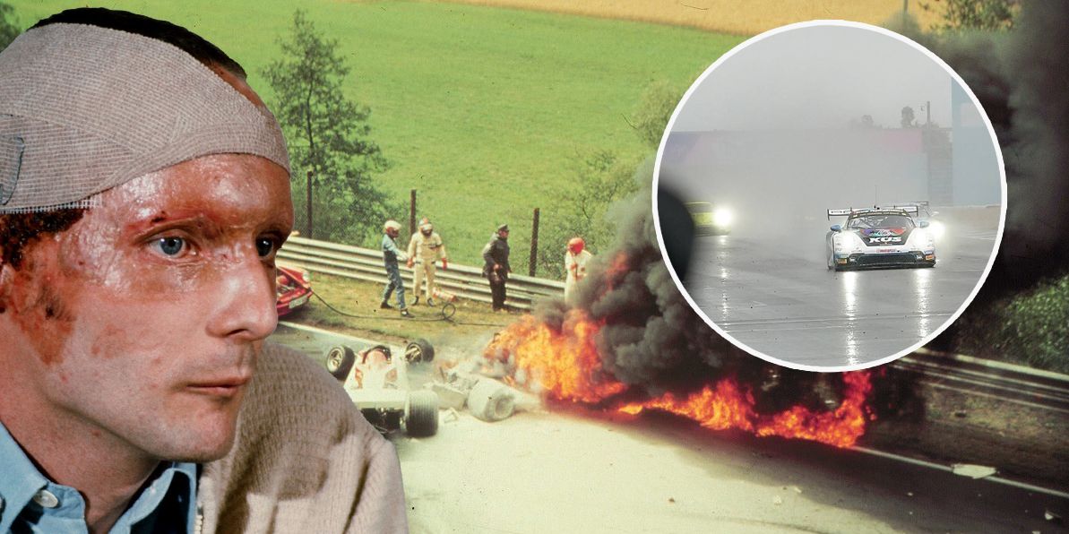 1976 verunglückte Niki Lauda, überlebte seinen Feuer-Unfall auf dem Nürburgring nur knapp. Die DTM fuhr noch am vergangenen Wochenende unter widrigen Bedingungen (rechts), ehe es bei Tests zur Tragödie kam.