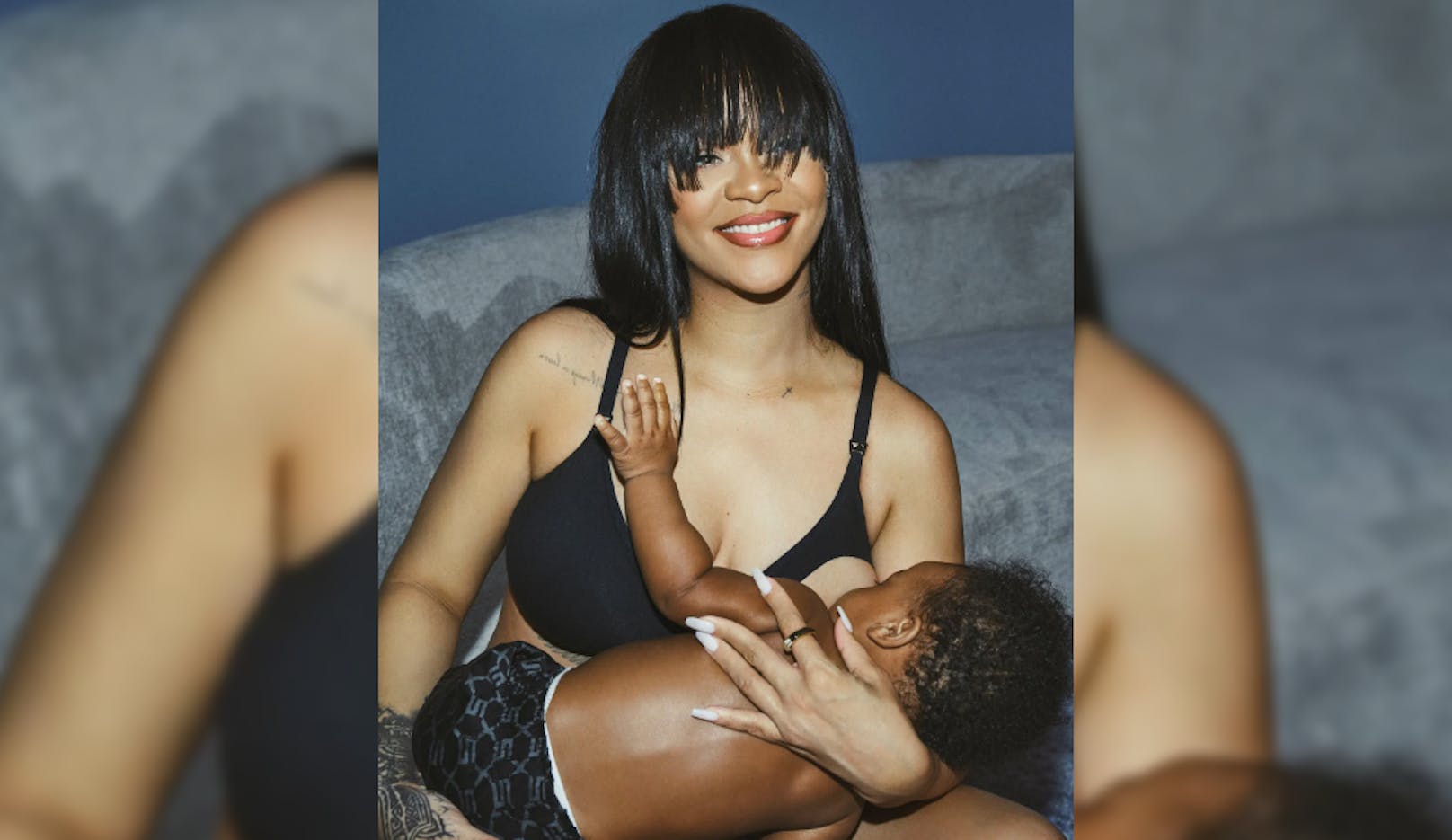 Rihanna zeigt ihre neue Unterwäschekollektion im Einsatz und stillt ihren einjährigen Sohn RZA.