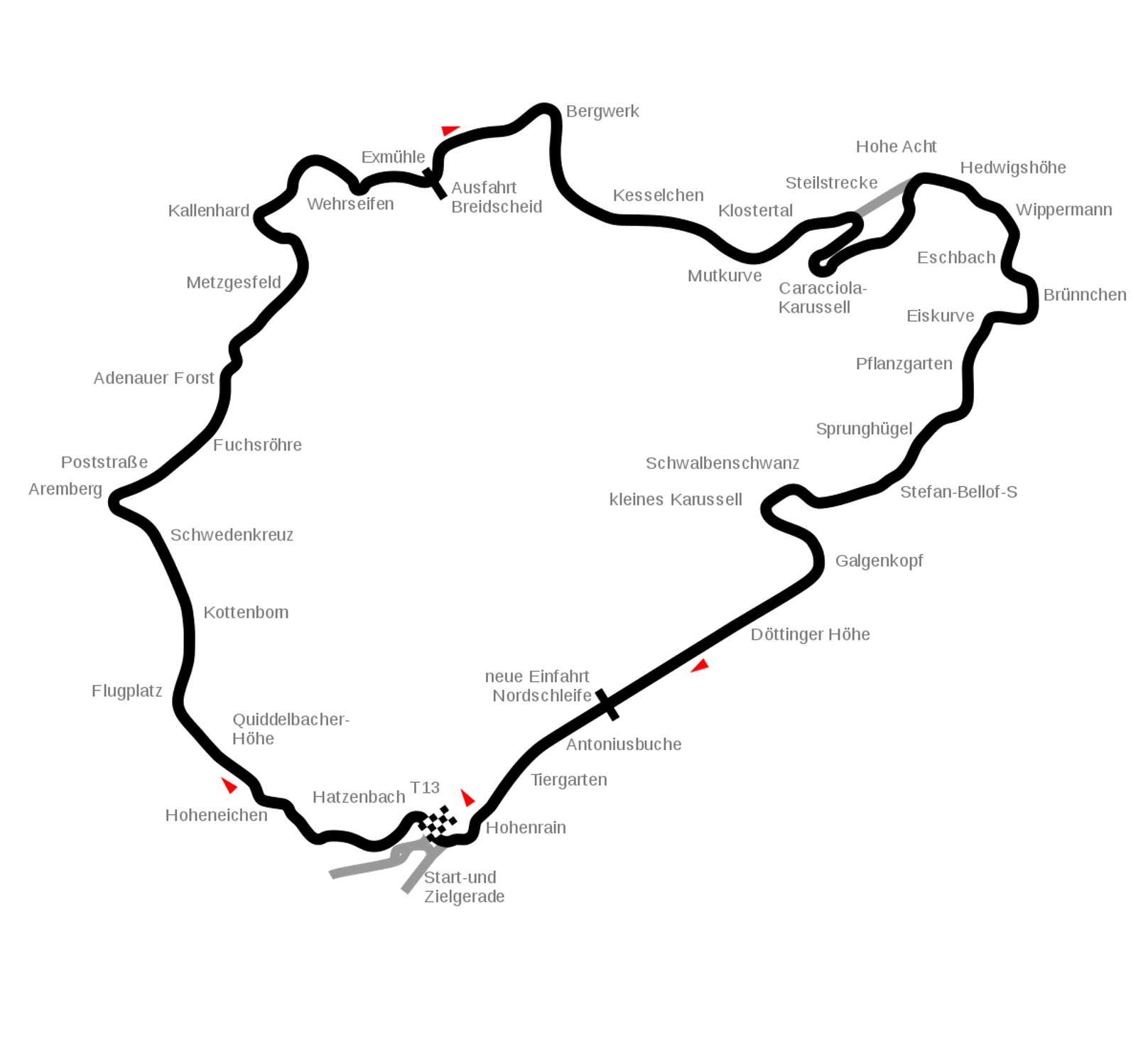 Die Nordschleife des Nürburgrings. Linksoben die Lauda-Kurve "Ex-Mühle", rechtsunten der "Tiergarten".