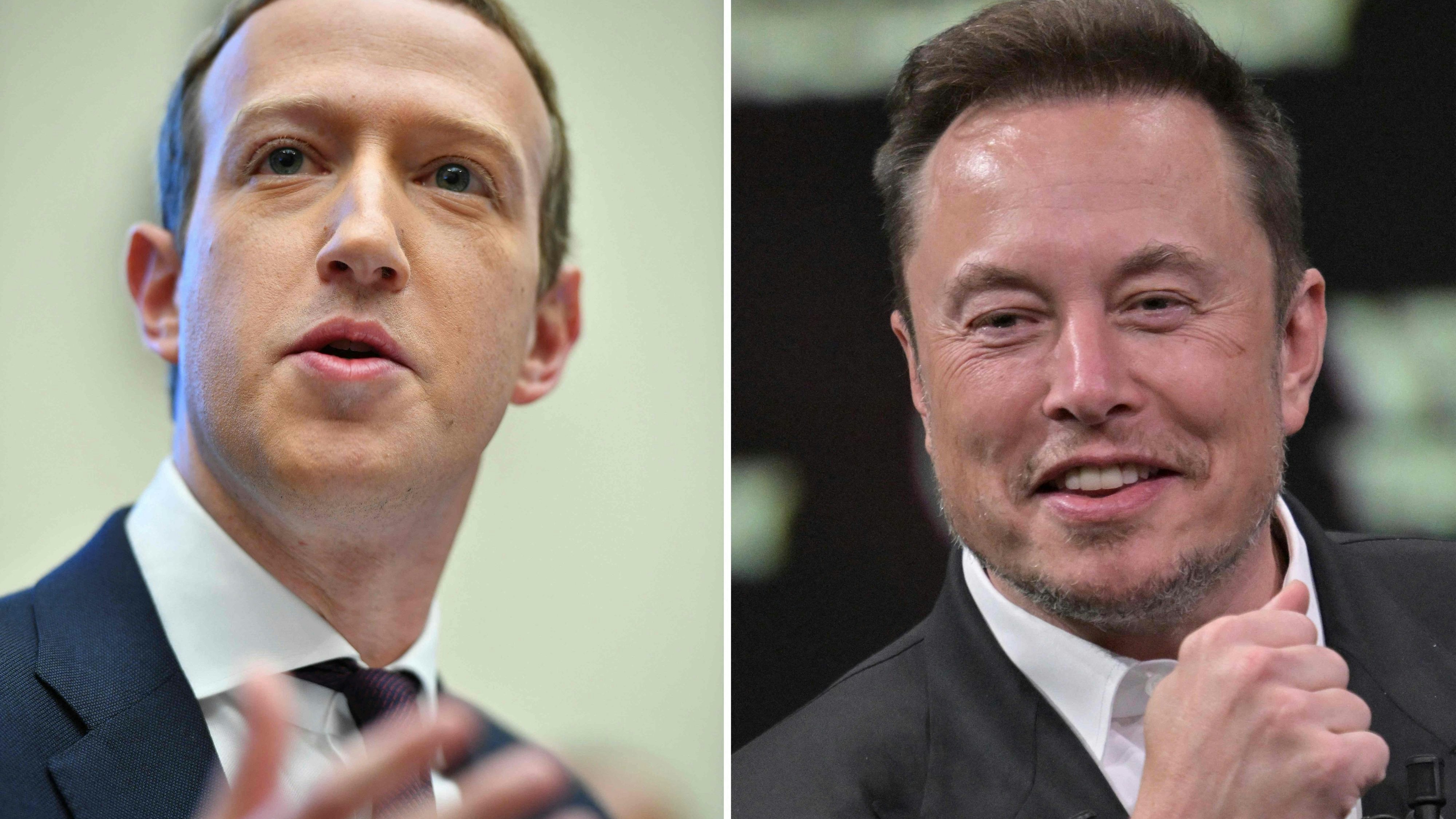 Download von www.picturedesk.com am 14.08.2023 (09:08).  (FILES) (COMBO/FILES) This combination of file photographs created on June 22, 2023 shows SpaceX, X (ex-Twitter) and electric car maker Tesla CEO Elon Musk during his visit at the Vivatech technology startups and innovation fair at the Porte de Versailles exhibition center in Paris on June 16, 2023 (R) and Facebook founder Mark Zuckerberg testifying before the House Financial Services Committee in the Rayburn House Office Building in Washington, DC on October 23, 2019. Elon Musk said on August 5, 2023 that the "cage match" he and Meta CEO Mark Zuckerberg have seemingly agreed to as a fund-raiser will be carried live on X, formerly known as Twitter, which he owns. (Photo by Mandel NGAN and Alain JOCARD / AFP) - 20230622_PD26114 - Rechteinfo: Rights Managed (RM) Nur für redaktionelle Nutzung! Werbliche Nutzung erfordert Freigabe: bitte schicken Sie uns eine Anfrage.