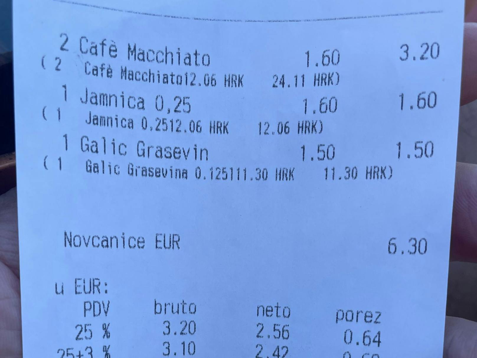 Für 1 Kaffee, 1 Glas Wasser sowie 1 Glas Weißwein zahlte der Wiener nur 6,30€!
