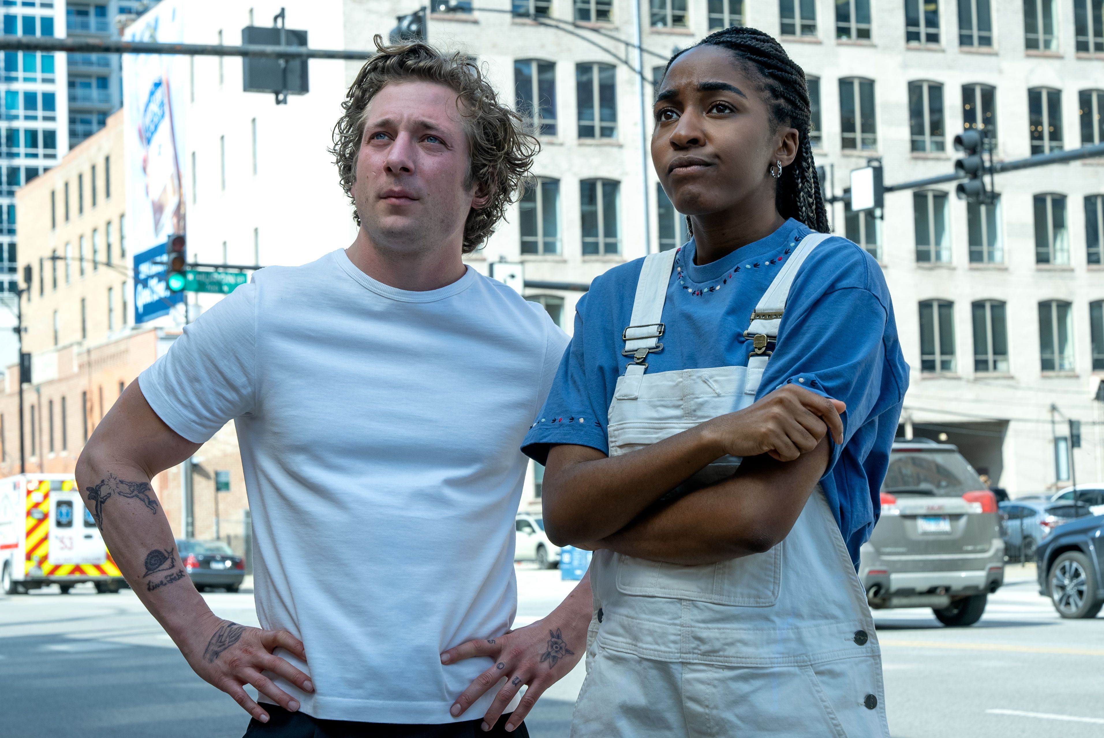 “THE BEAR” — “Beef” — Season 2, Episode 1 (Airs Thursday, June 22nd) Pictured: (l-r) Jeremy Allen White as Carmen “Carmy” Berzatto, Ayo Edebiri as Sydney Adamu. CR: Chuck Hodes/FX. 