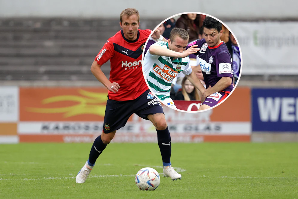 Dibon in der Regionalliga (l.) und 2014 im Duell mit Hosiner.