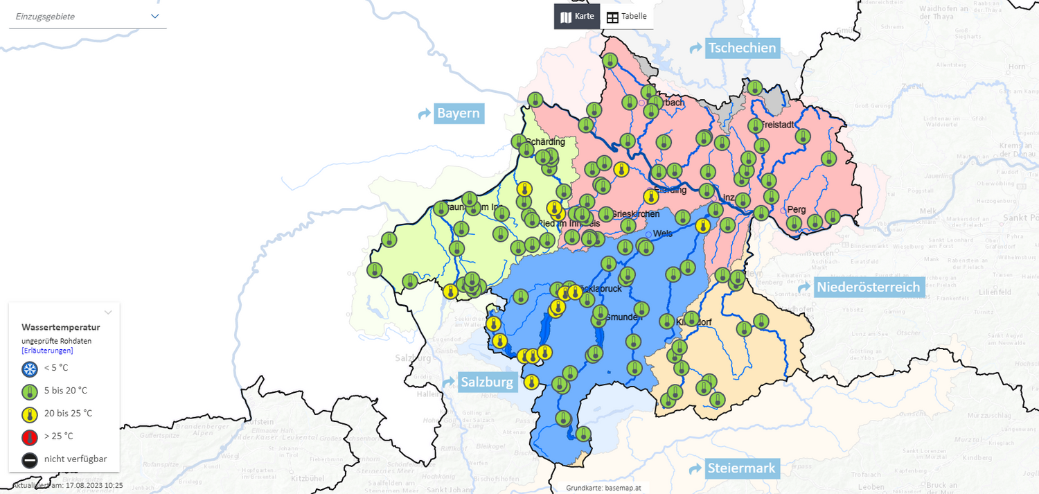 Nur wenige Gewässer in Oberösterreich kommen über die 20-Grad-Marke hinaus.
