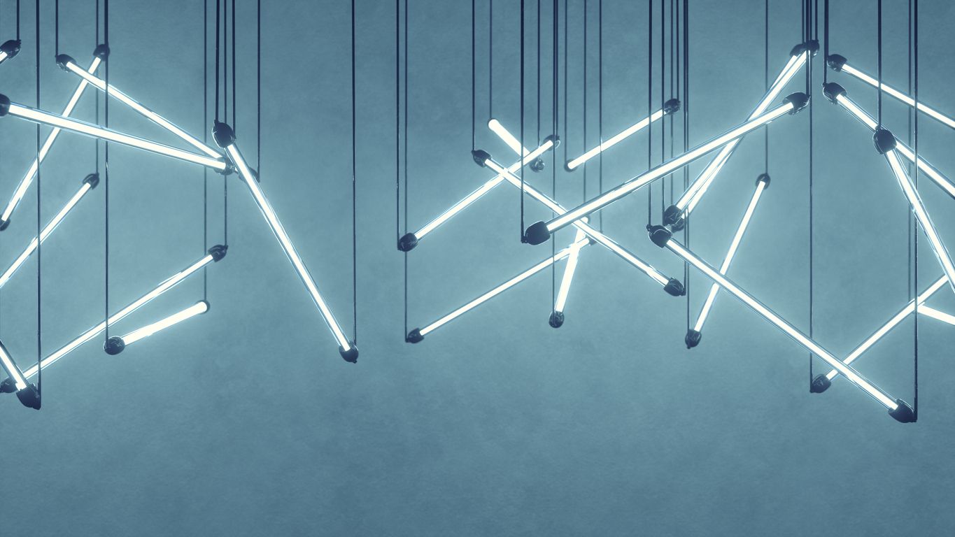 Blue fluorescent light bulbs hanging. Computer generated abstract graphics. 3D rendering