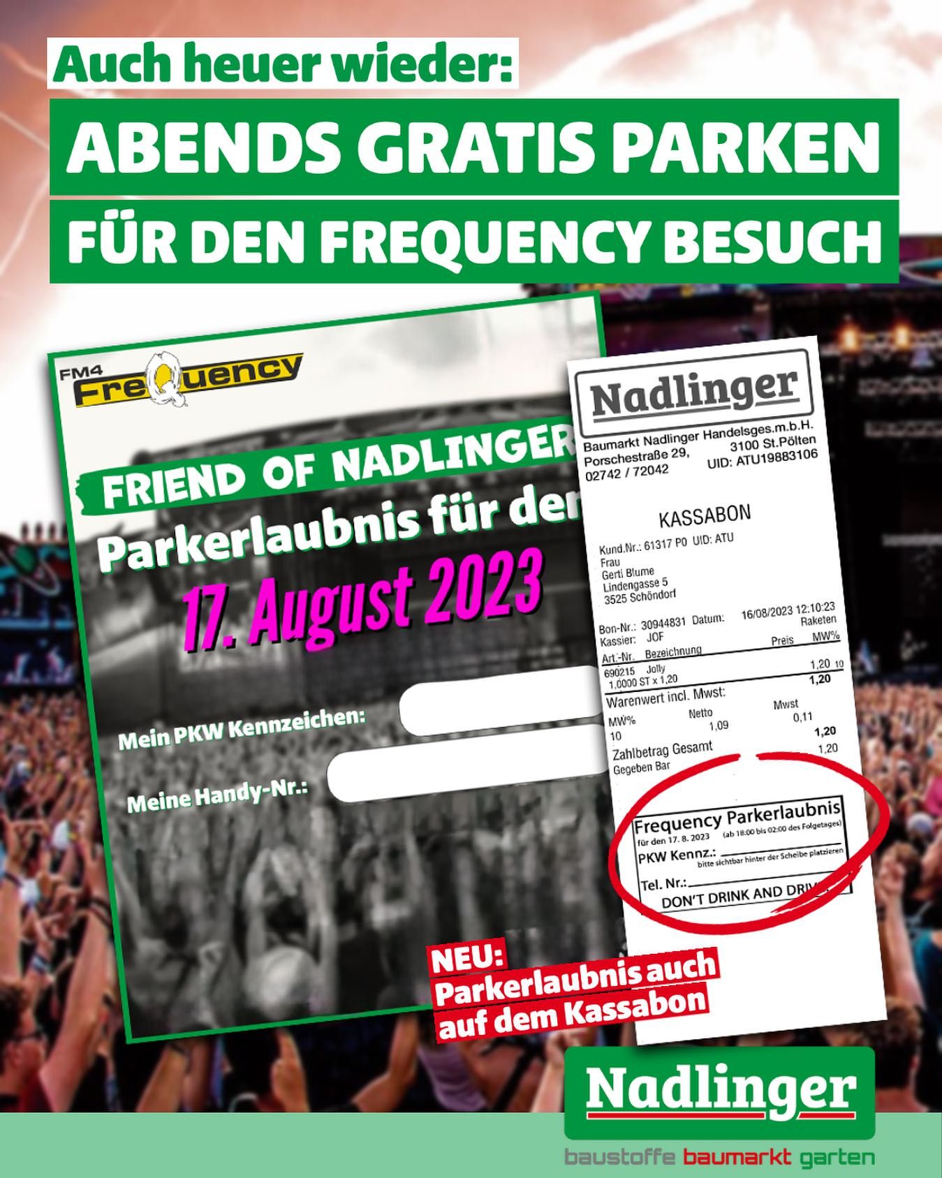 Beim Baumarkt Nadlinger dürfen Frequency-Besucher ab 18 Uhr gratis parken.