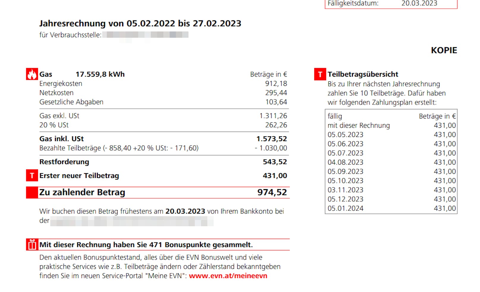 Die Schlussrechnung für Februar - auch hier wurden 20 Cent pro kWh verrechnet.