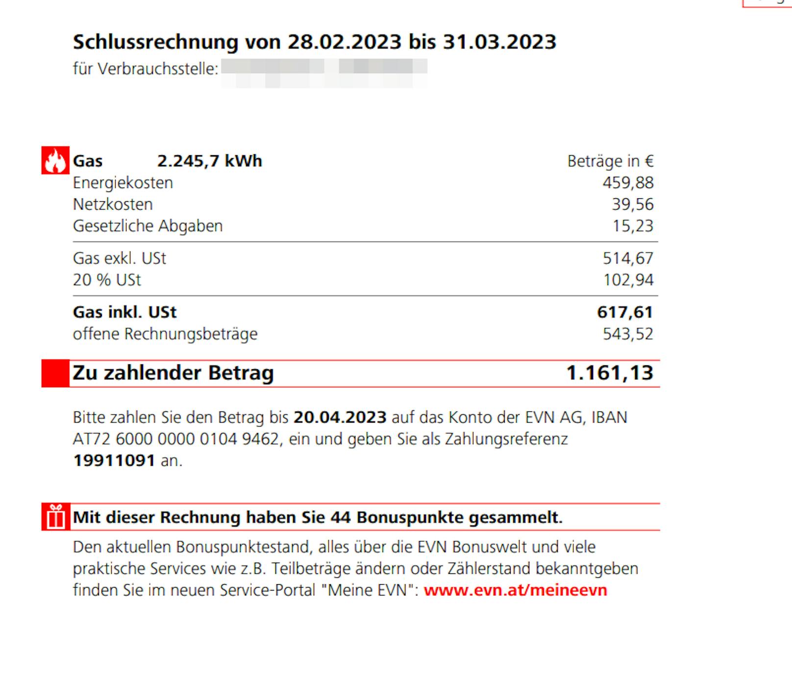 Schlussrechnung März 2023: Für ein Montag Gas (20 Cent statt 3 Cent pro kWh) muss Michal Z. 617,61 Euro zahlen.&nbsp;