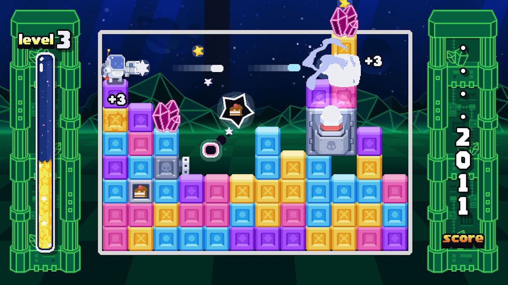 "Unidentified Falling Objects" verbindet beim Gameplay zwei Elemente miteinander. Einerseits regnen in jedem Level, wie man es von "Tetris" kennt, verschiedene Blöcke ...