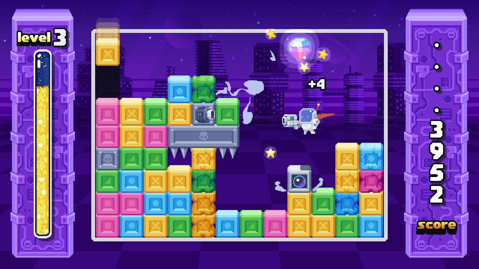 ... von oben herab, die farblich angeordnet werden sollen. Zu "Tetris 2.0" macht das Game aber, dass es andererseits auch eine kleine Astronauten-Spielfigur gibt, die ...