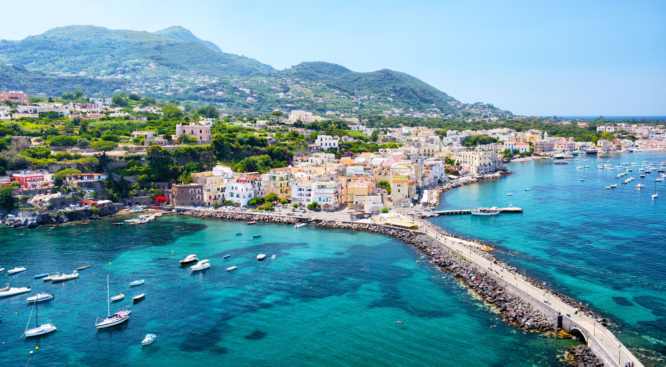 Aerial view of Ischia island, at the Gulf of Naples, Italy. Composite photo
