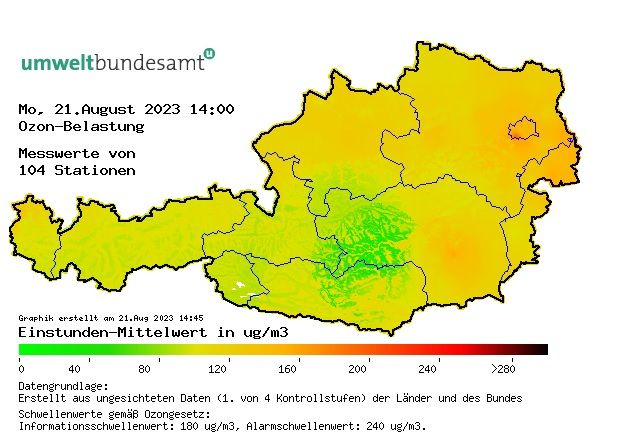 Die Ozon-Belastung in Österreich am 21. August, 14 Uhr.