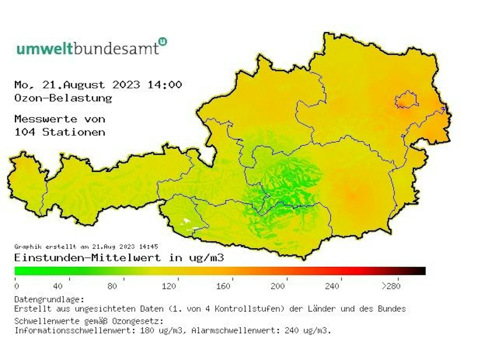 Die Ozon-Belastung in Österreich am 21. August, 14 Uhr.