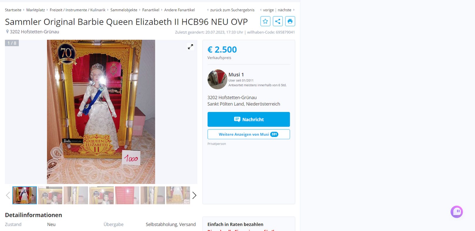 Die teuerste Barbie derzeit auf "willhaben", ist eine Barbie von Queen Elizabeth um 2.500 Euro