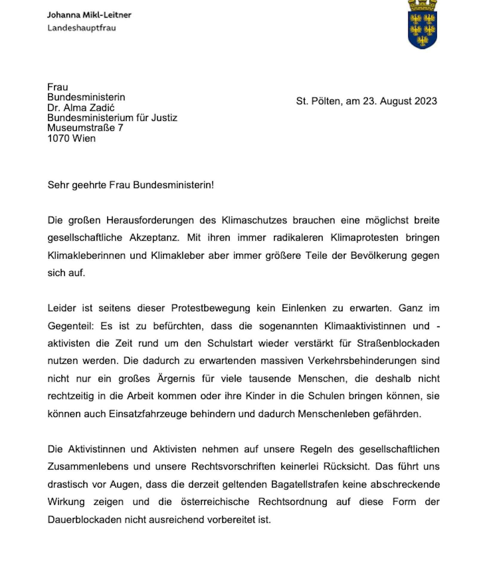 Der Brief der VPNÖ-Chefin im Wortlaut