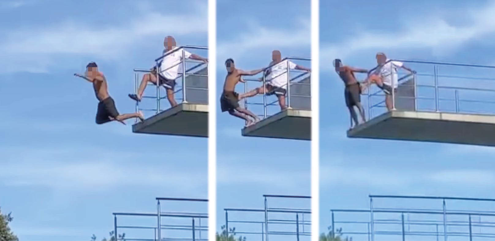 Ein Video zeigt, wie der junge Gast von dem Steyrer Sprungturm getreten wurde.