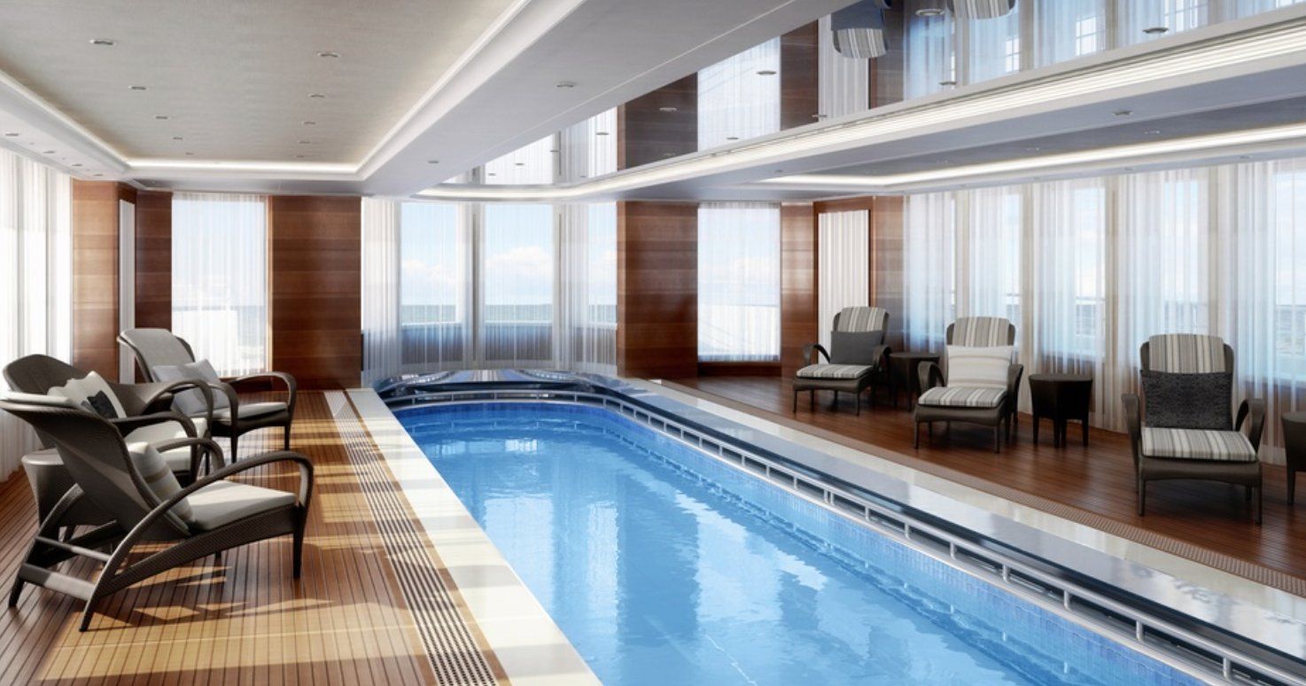 So sieht derselbe Raum dann mit geöffnetem Poolboden und Gardinen aus. 