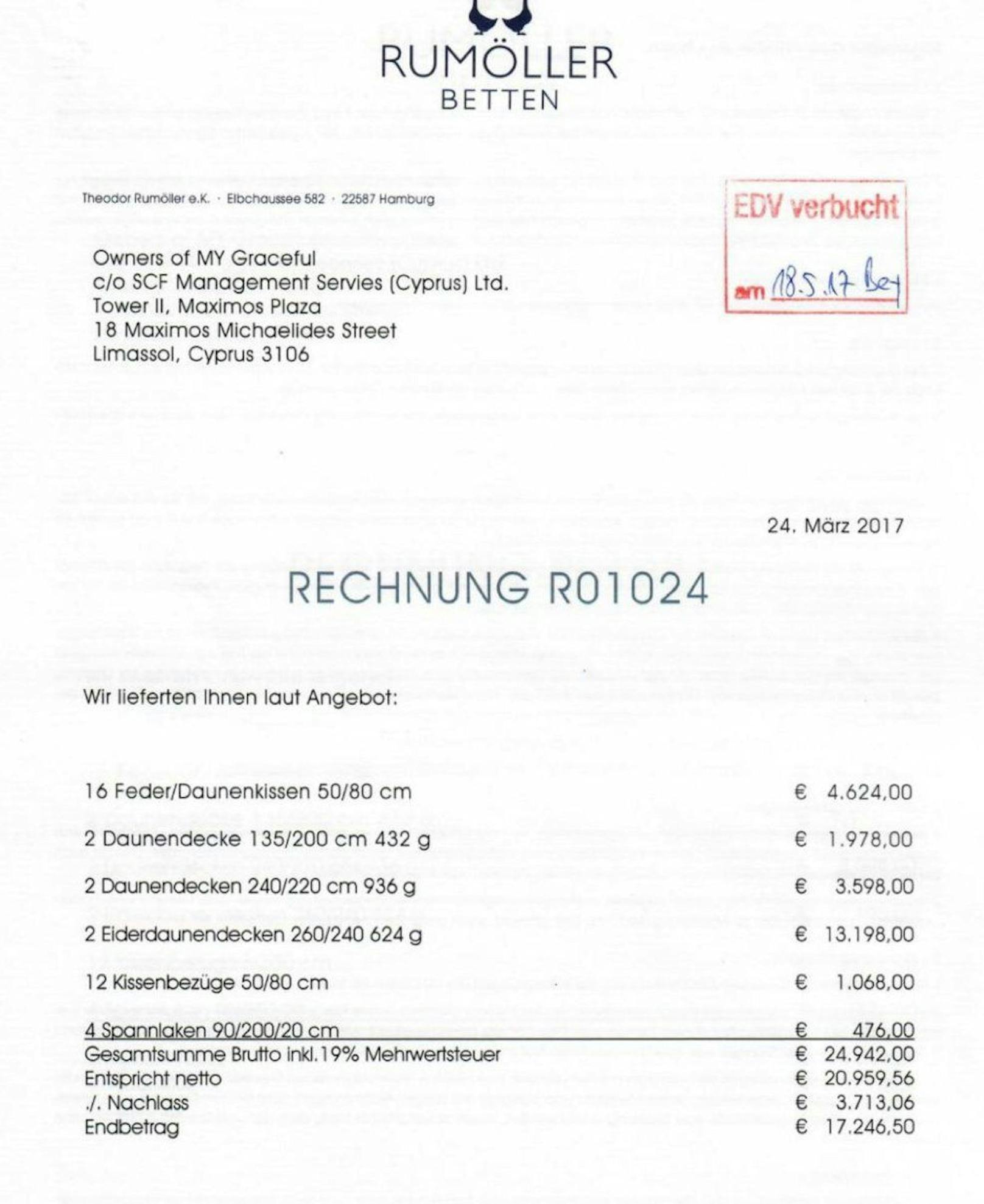 Doch nicht nur für die Jacht selbst griff Putin tief in die Tasche: alleine für Decken gab der Kreml-Chef über 17.000 Euro aus. 