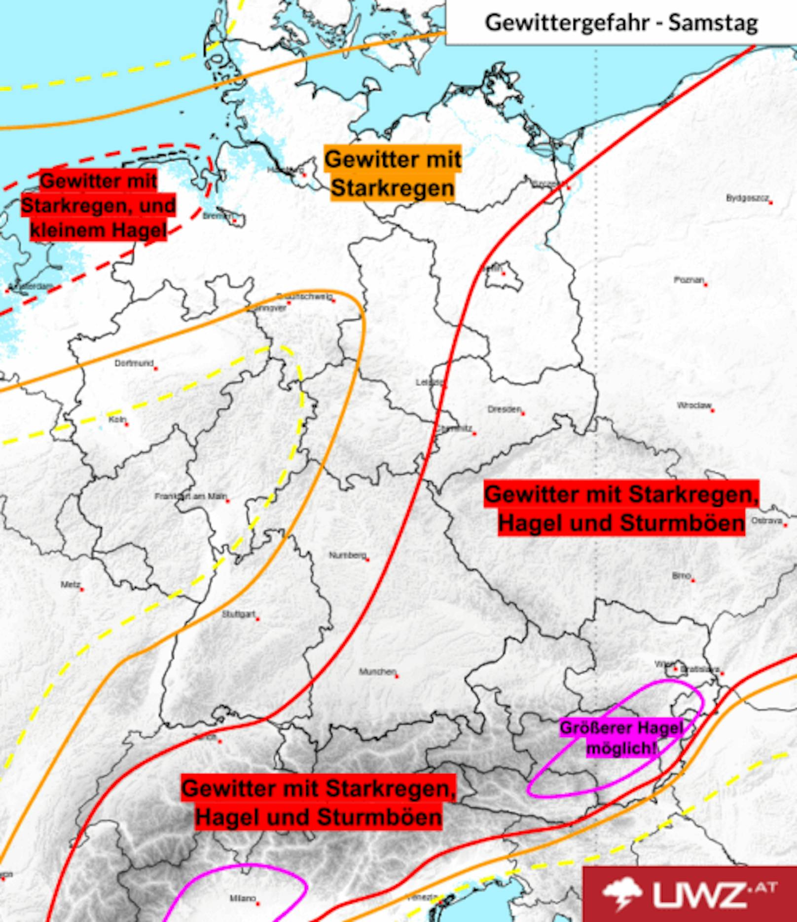 Unwettergefahr am Samstag in Österreich.