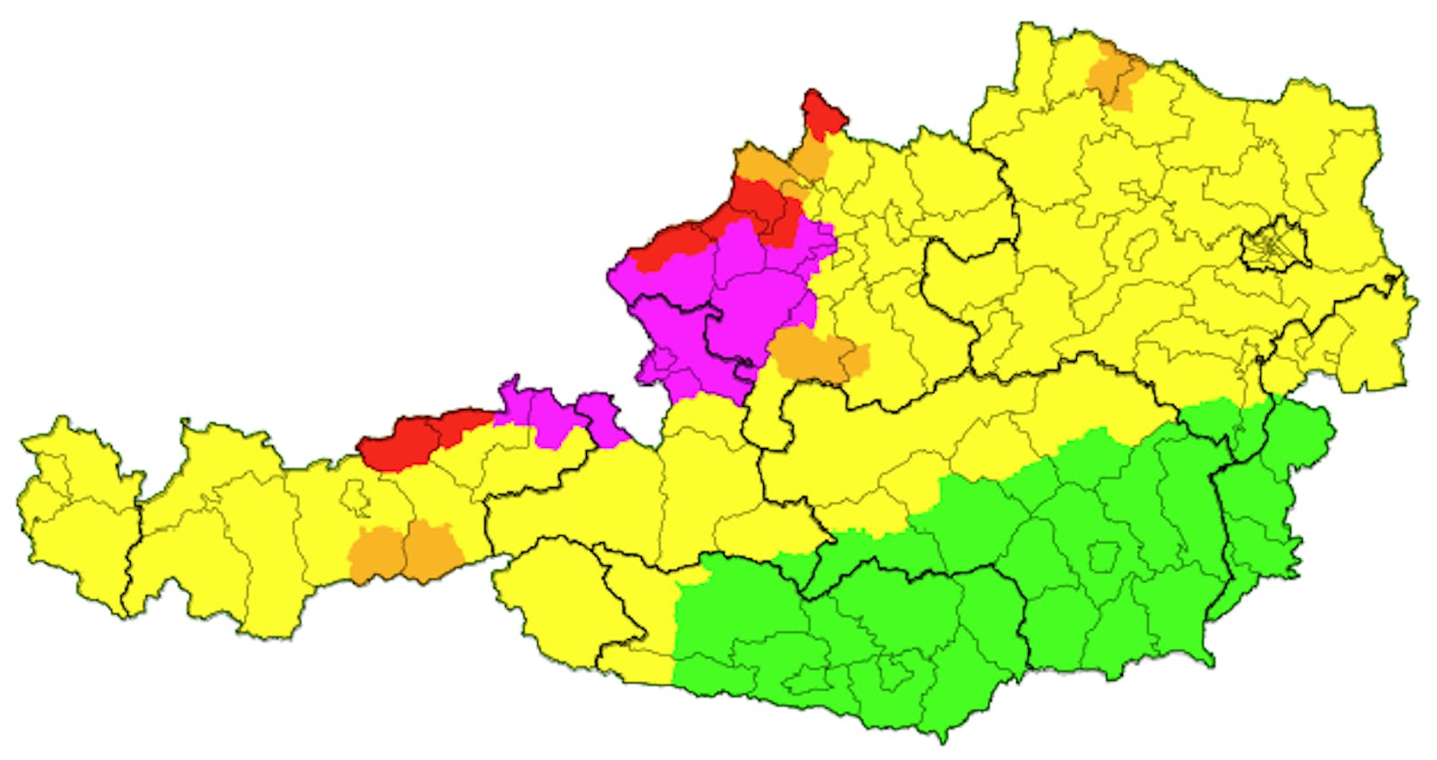 Die aktuelle Wetter-Warnkarte für Österreich.