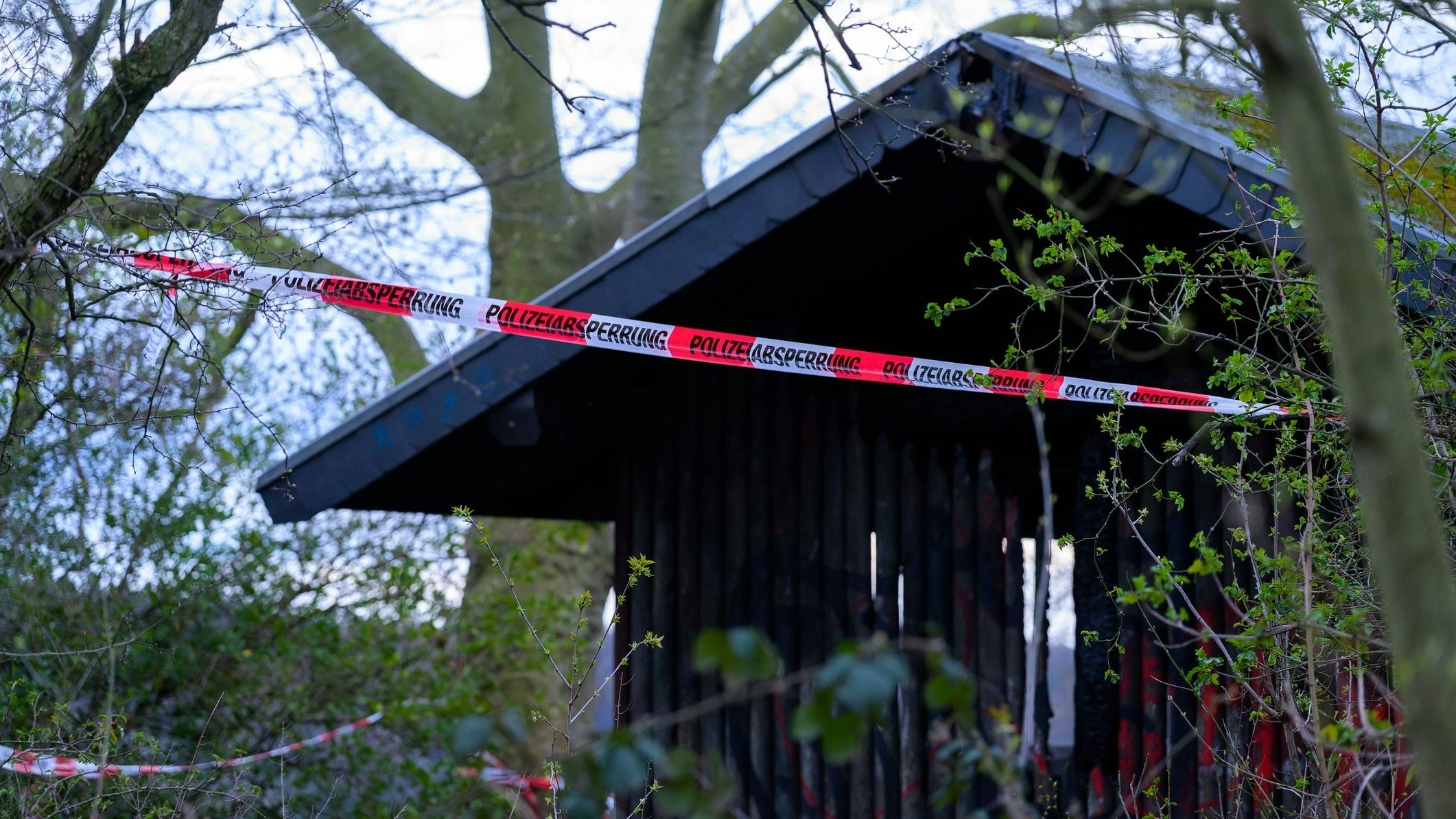 Königswinter, Germany - March 23, 2023: Charred wooden hut in a forest park area is cordoned off by red and white barrier tape with writing 'Polizeiabsperrung', meaning Police cordon printed on it.