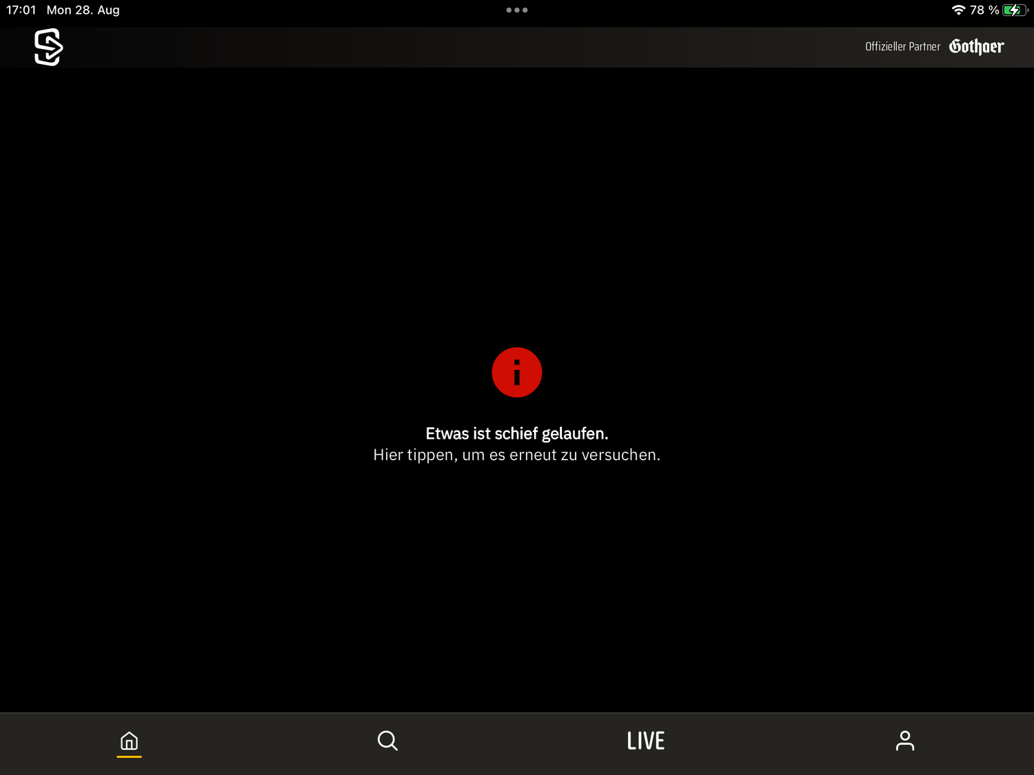 Die Fehler-Meldung auf "sportdeutschland.tv" während das Thiem-Match schon läuft.