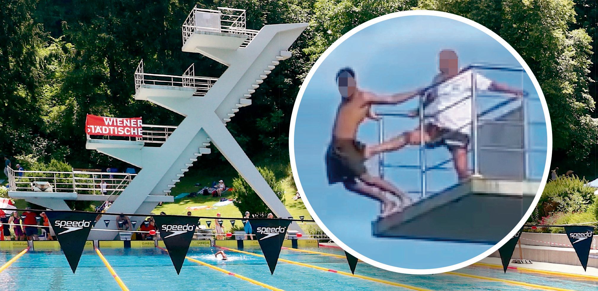 Ein Video zeigt, wie der junge Gast vom Sprungturm im Stadtbad Steyr getreten wurde. 