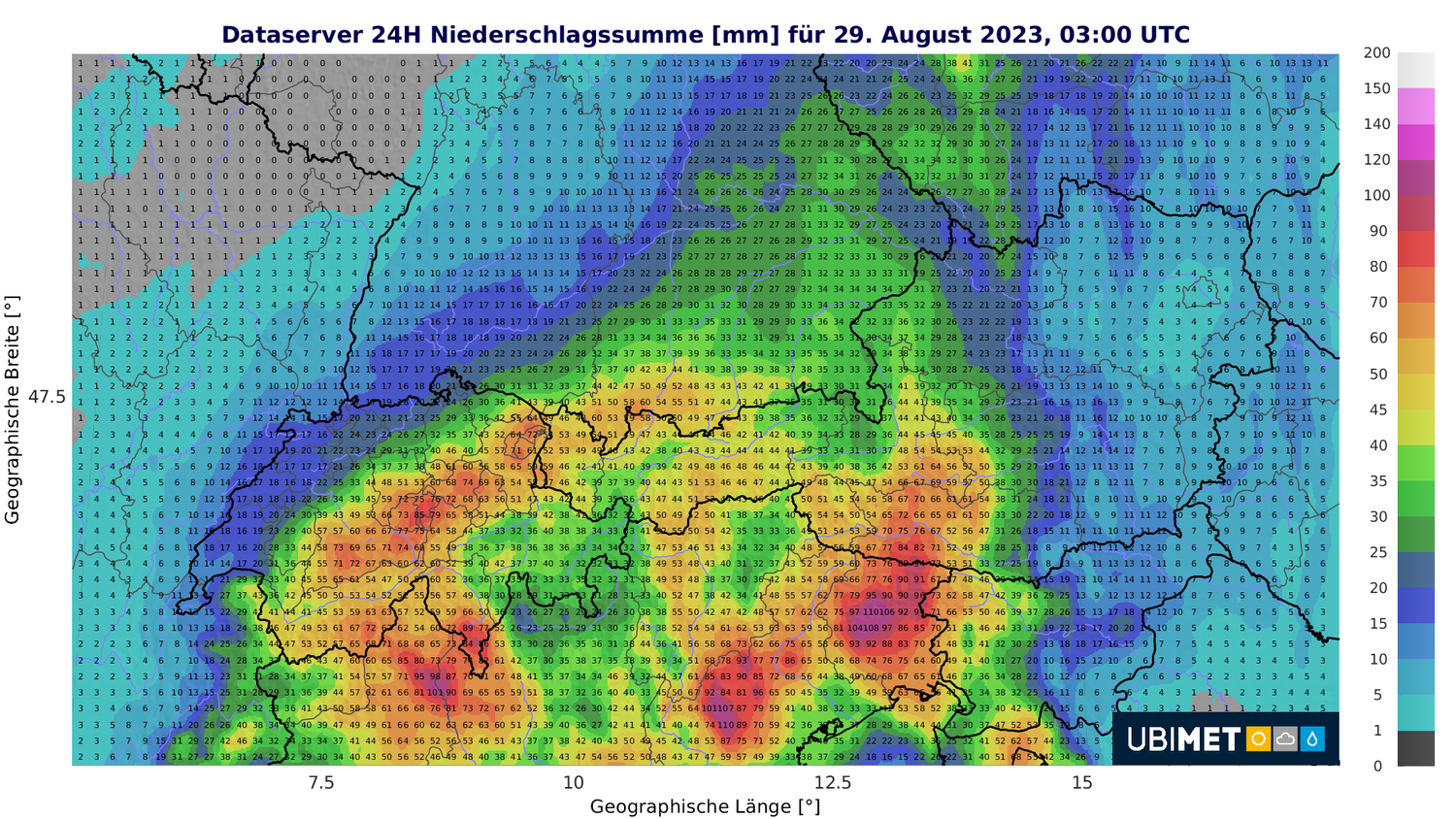 Prognostizierte Niederschlagssumme von Montag bis Dienstagnacht über 24 Stunden