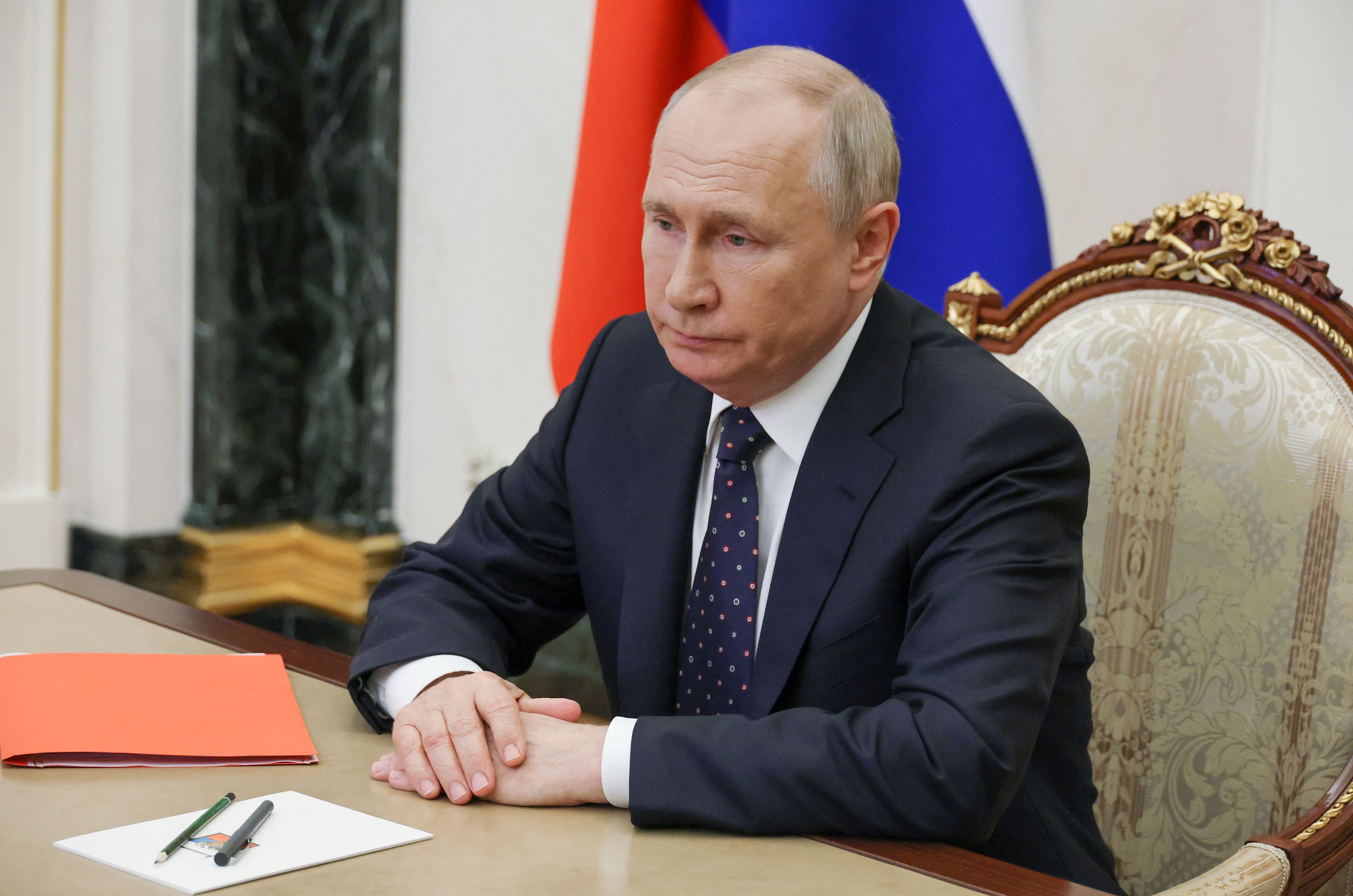 Russian President Vladimir Putin chairs a meeting with members of the Security Council via video link at the Kremlin in Moscow, Russia August 25, 2023. Sputnik/Mikhail Klimentyev/Kremlin via REUTERS ATTENTION EDITORS - THIS IMAGE WAS PROVIDED BY A THIRD PARTY.