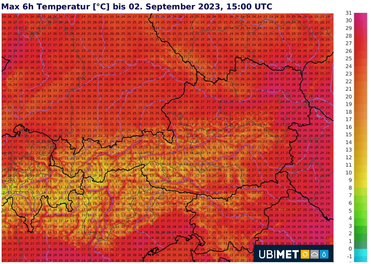 Prognose der Höchstwerte am kommenden Samstag.