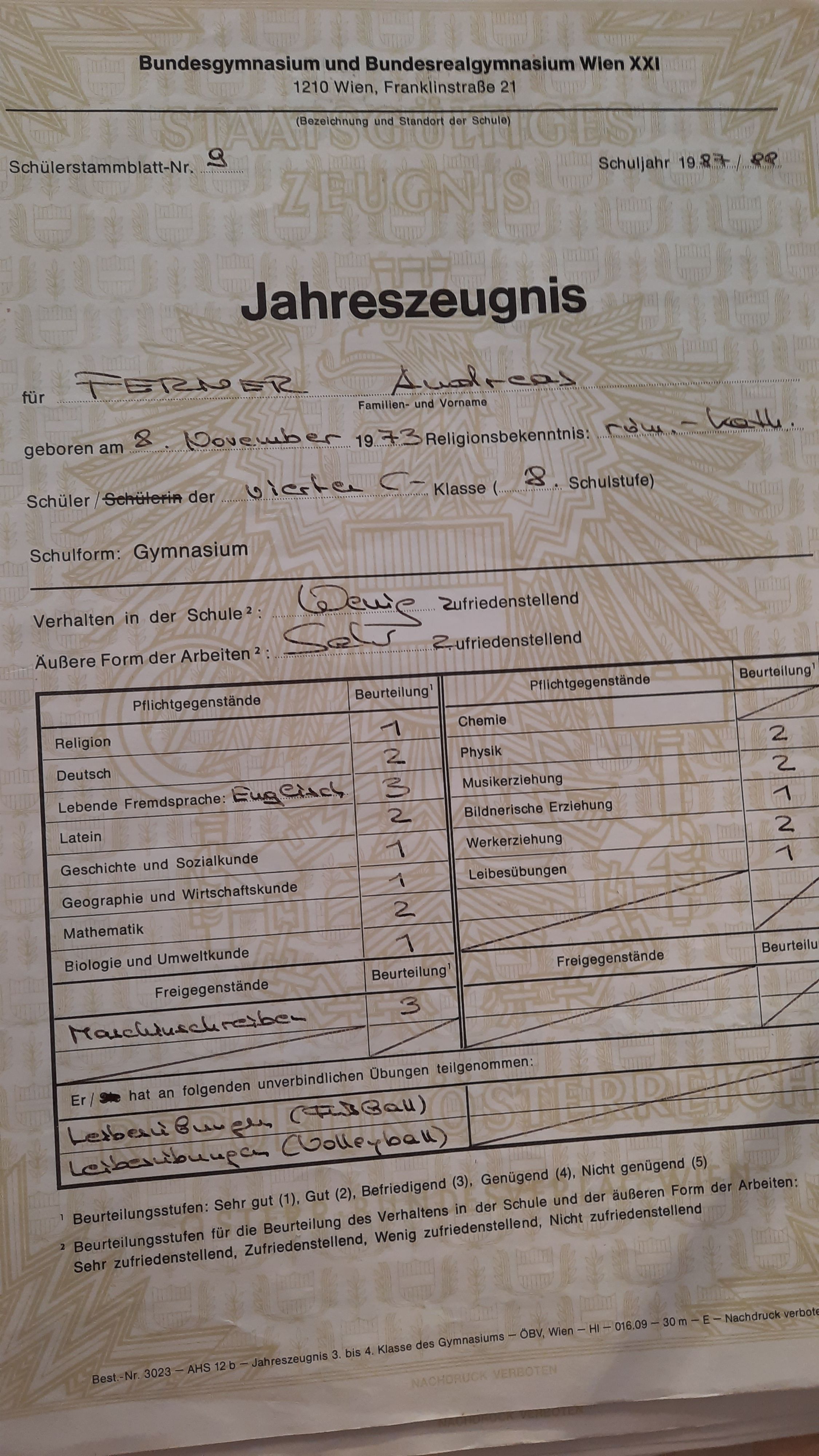 Andreas hatte ein "wenig zufriedenstellend" in einem seiner Jahreszeugnisse stehen.