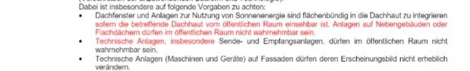 Anlagen zur Nutzung von Sonnenenergie sind flächenbündig in die Dachhaut zu integrieren, heißt es in der Bebauungsvorschrift.