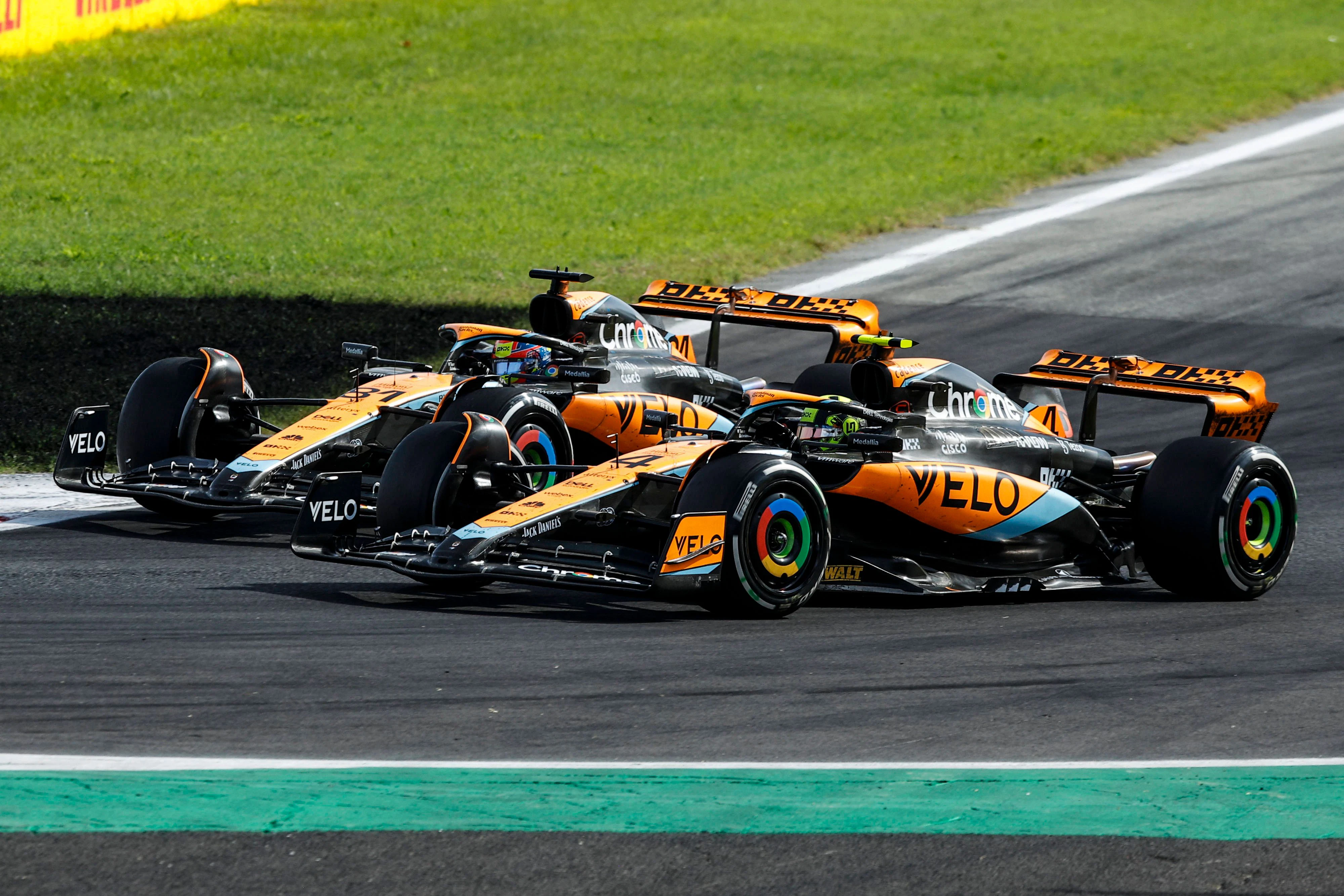 F1 2023 Italian Grand Prix 81 Oscar Piastri of Australia, Mclaren Formula 1 Team, MCL60 - Mercedes, action 04 Lando Norris of United Kingdom, Mclaren Formula 1 Team, MCL60 - Mercedes, action during the Pirelli Formula 1 Italian Grand Prix of FIA Formula One World Championship, WM, Weltmeisterschaft from 31st of September to 3rd of September 2023, on Autodromo di Monza in Monza, Italy. Monza Italy PUBLICATIONxNOTxINxFRA Copyright: xGongorax originalFilename:bonilla-f12023it230903_npWQV.jpg
