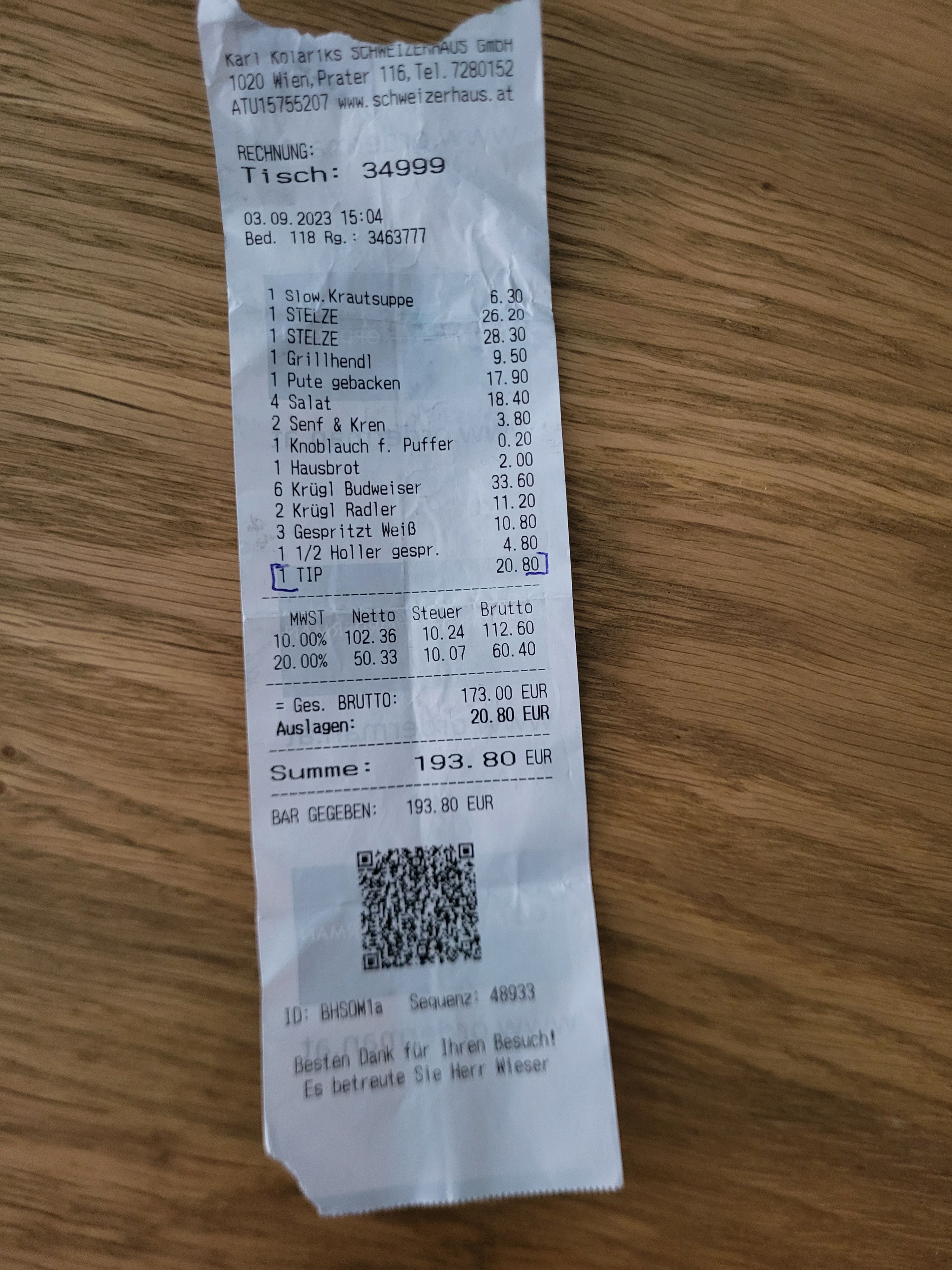 Rechnung aus dem Schweizerhaus mit "Tip".