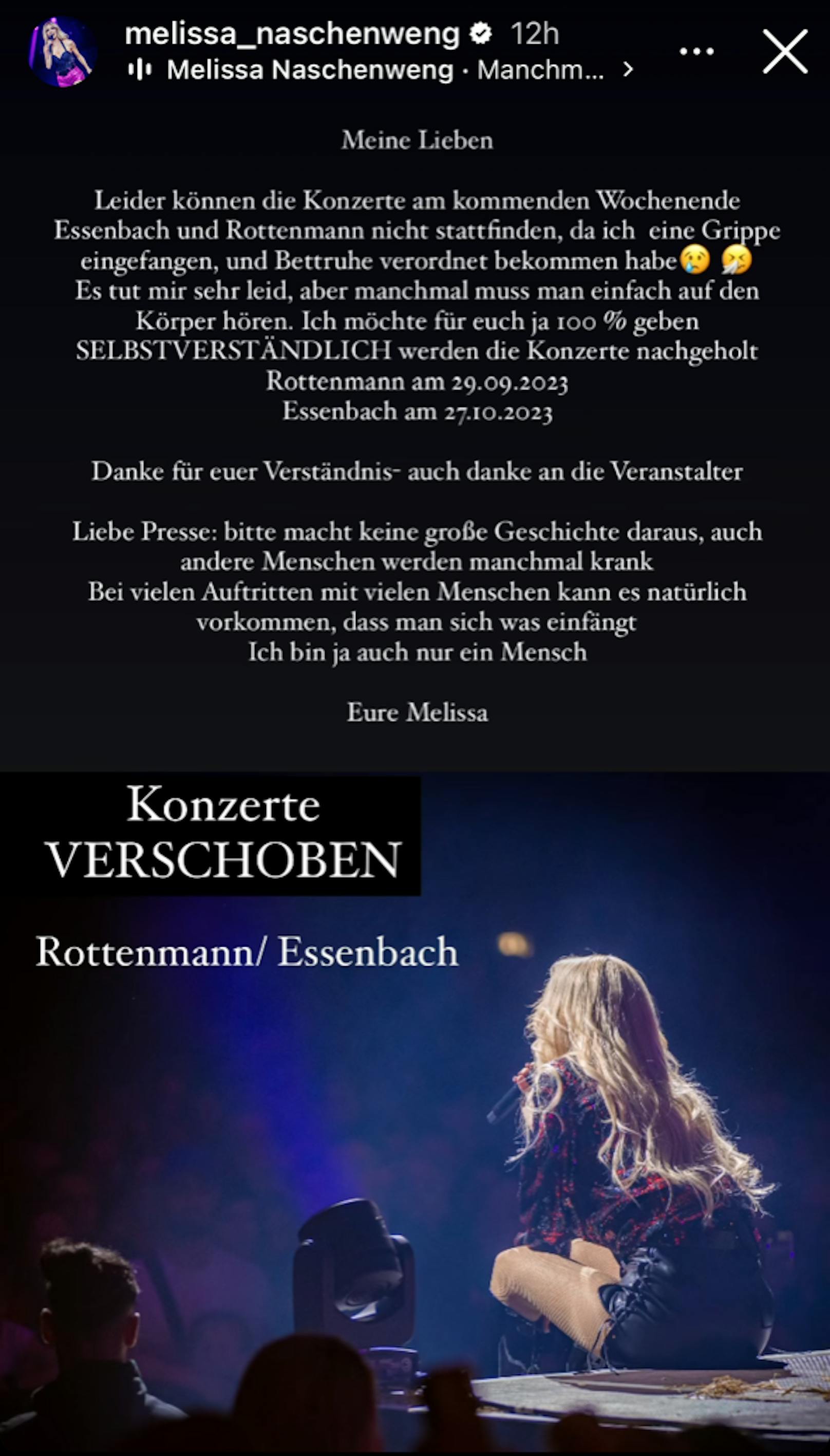 "Grippe eingefangen" - <strong>Melissa Naschenweng</strong> muss zwei Konzerte absagen.