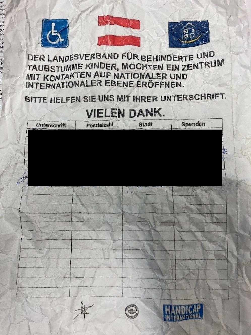 Diese Spendenliste wurde von den Betrügern weggeworfen.