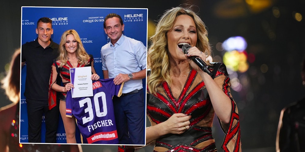 Austria-Kapitän Manfred Fischer mit Schlager-Superstar Helene Fischer. Rechts: Austria-AG-Boss Kurt Gollowitzer.