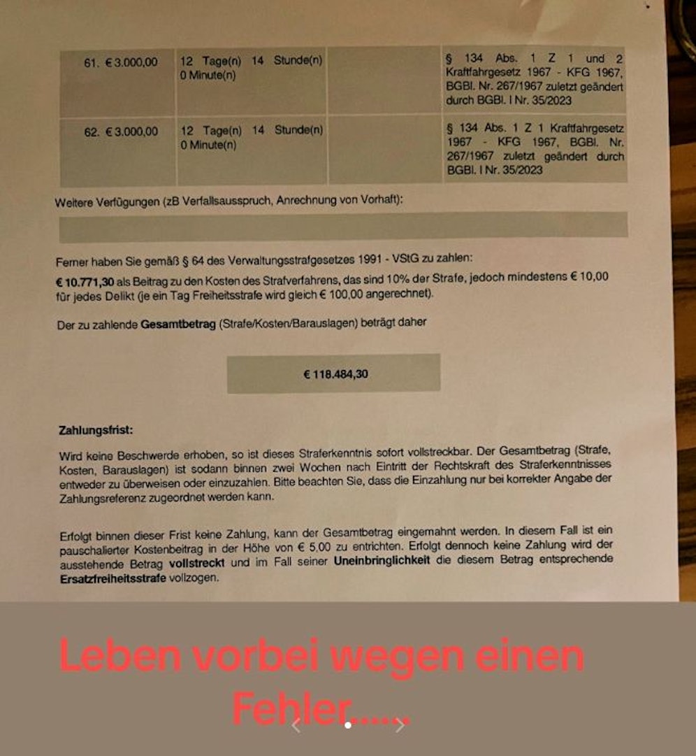 Die Strafsumme nach seiner Verfolgungsjagd durch Wien ist enorm: der 25-Jährige soll 118.484,30 Euro zahlen.