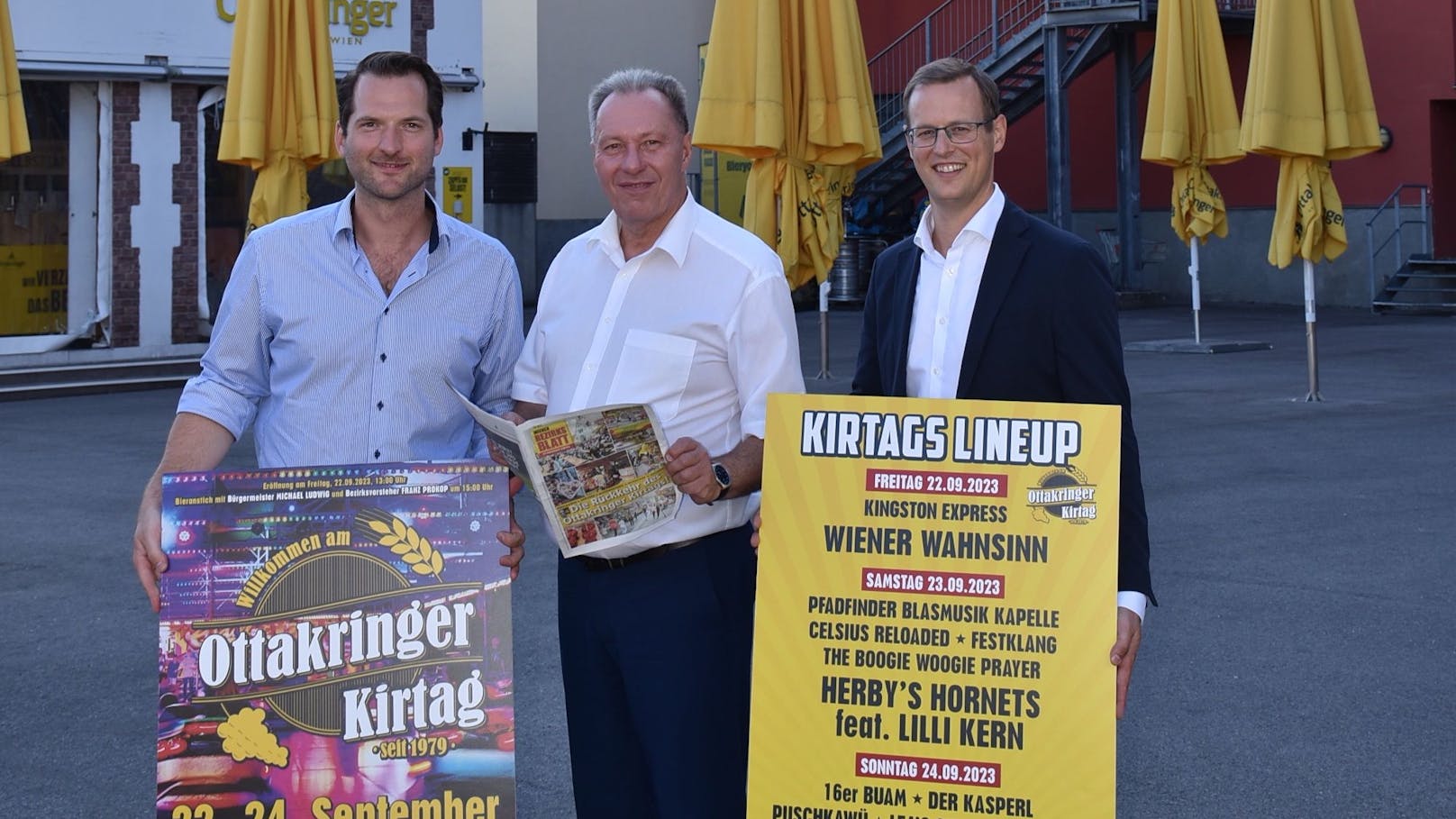 Endlich geht es wieder los! Max Baumer (Organisation), Franz Prokop (Bezirksvorsteher Ottakring) und Harald Mayer (Kaufmännische Geschäftsführung Ottakringer Brauerei) (v.li.)