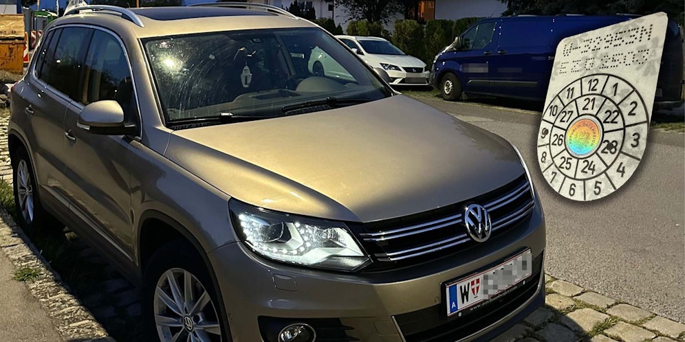 Der VW Tiguan hat noch eine gültige Begutachtungsplakette.