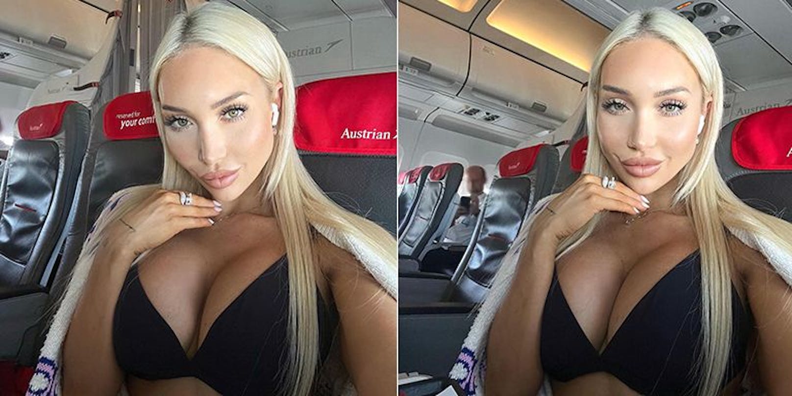 Das Wiener Playboy-Model Conny Hawk machte in der Business Class der Austrian Airlines ein paar heiße Aufnahmen von sich. Als sie die Fotos genauer unter die Lupe nahm, bemerkte sie einen Mann im Hintergrund, der heimlich Bilder von ihr machte.