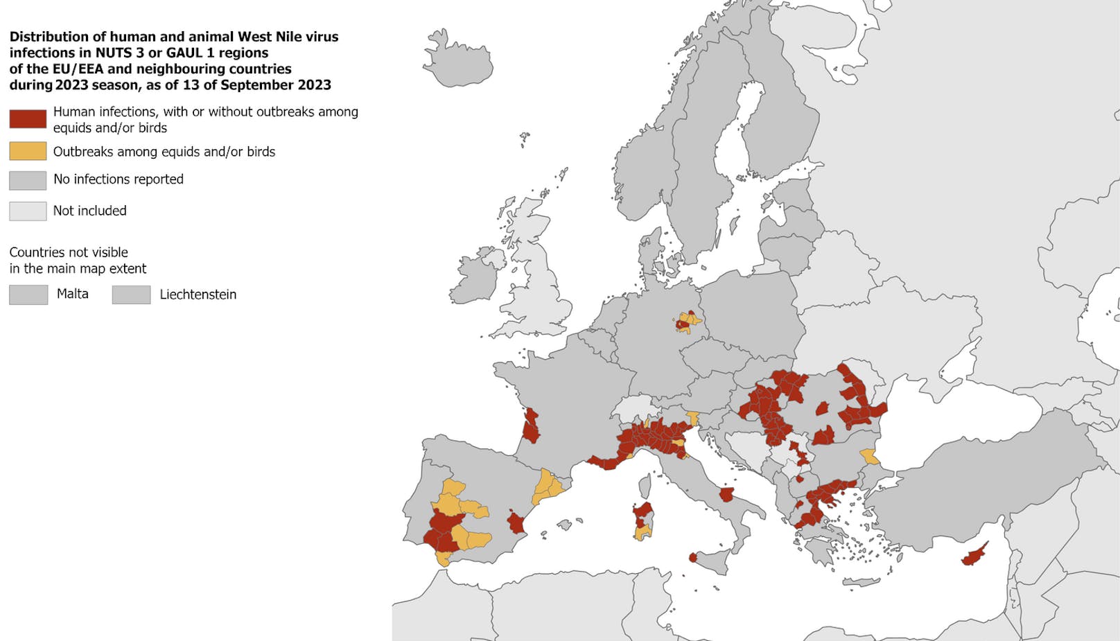 Infektionen mit dem West-Nil-Virus in Europa, Stand 13. September 2023.