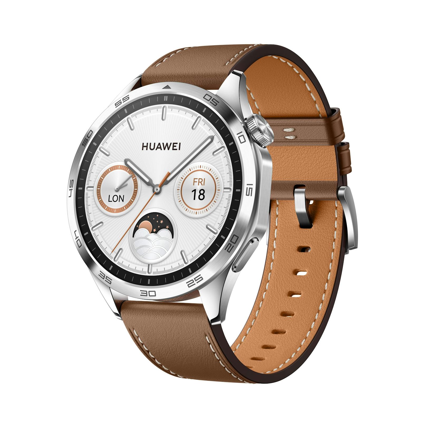 Ab dem 6. Oktober wird die Huawei Watch GT 4 46 mm mit braunem Lederarmband ...