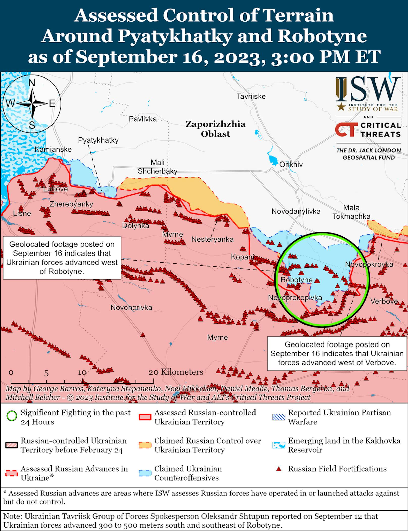 Die angenommene Situation an der Front bei Robotyne am 16. September 2023.