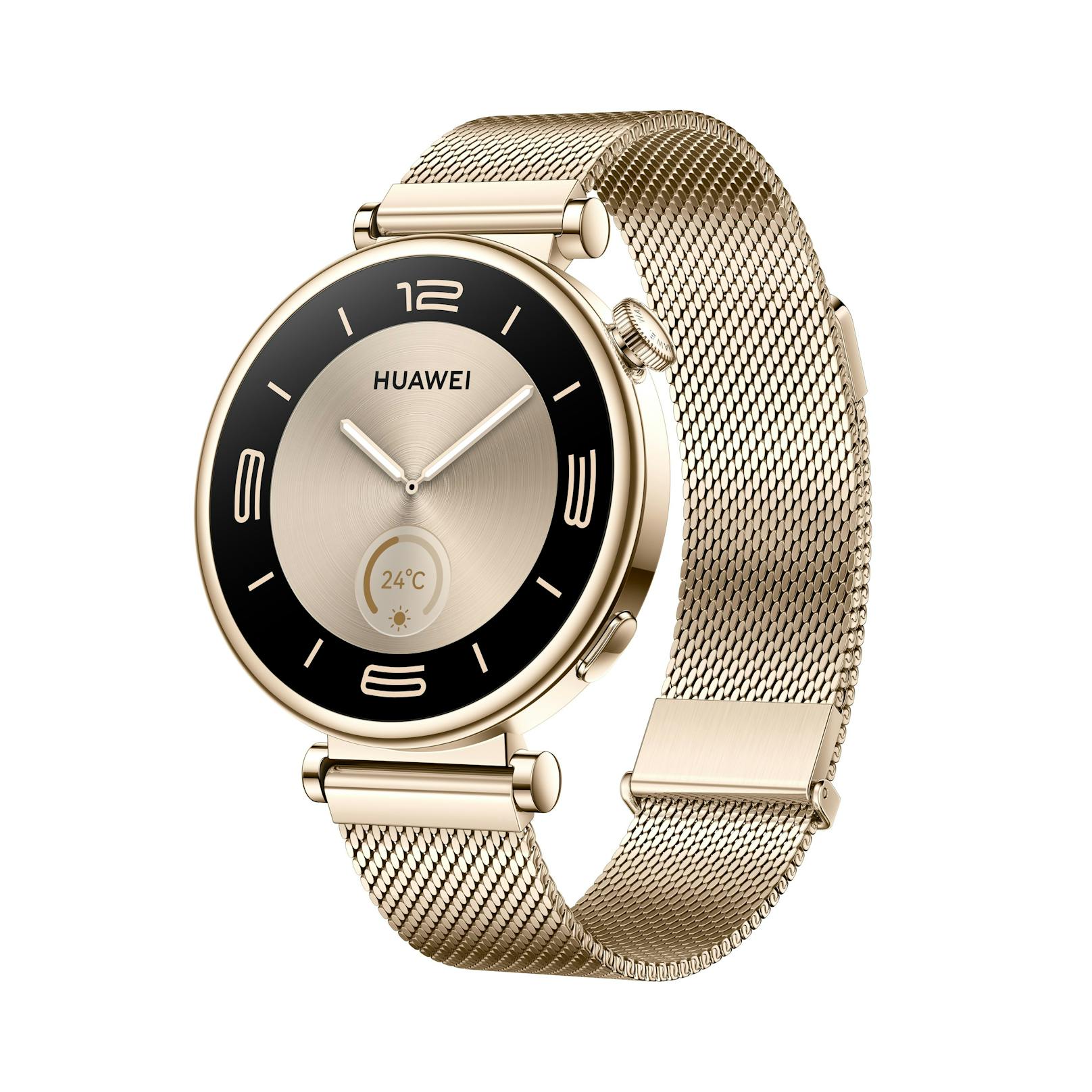 ... sowie die Huawei Watch GT 4 41 mm mit goldenem Armband in Österreich verfügbar sein.
