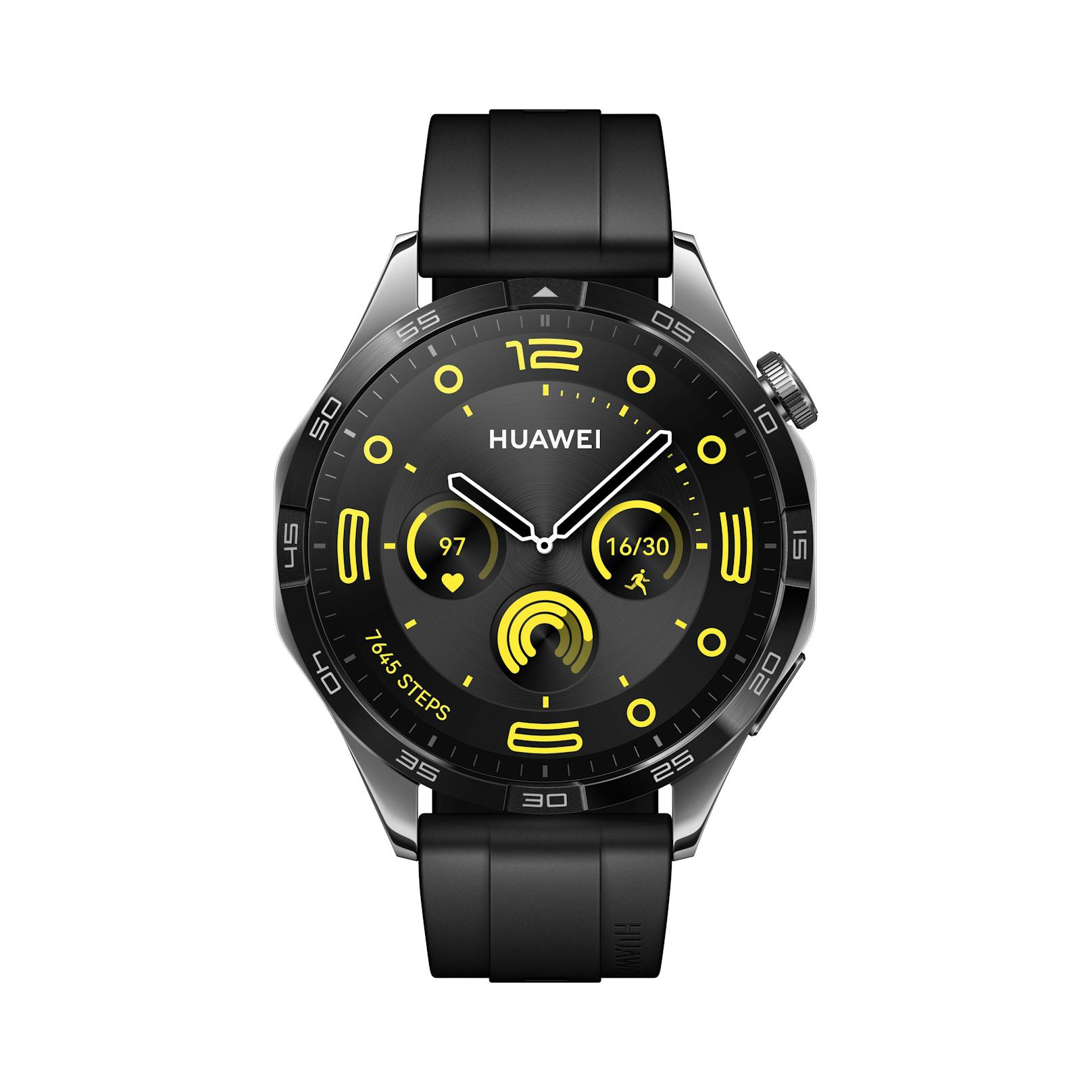 Ab sofort verfügbar ist die größere Uhren-Version mit einem schwarzen Fluoroelastomer-Armband ...