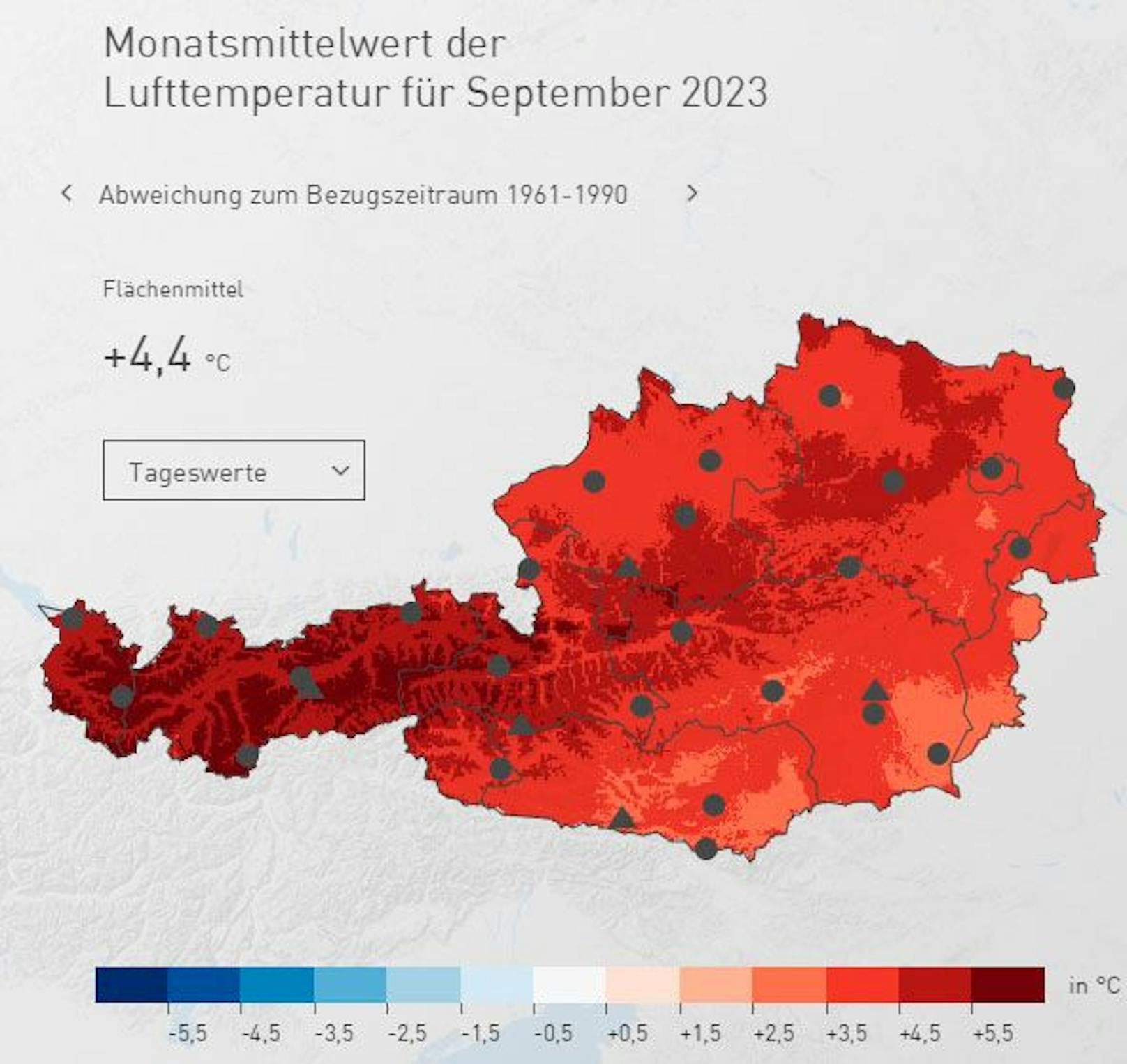 Sogar <strong>+4,4 Grad</strong> sind es zum noch etwas kühleren Mittel von 1961-1990.