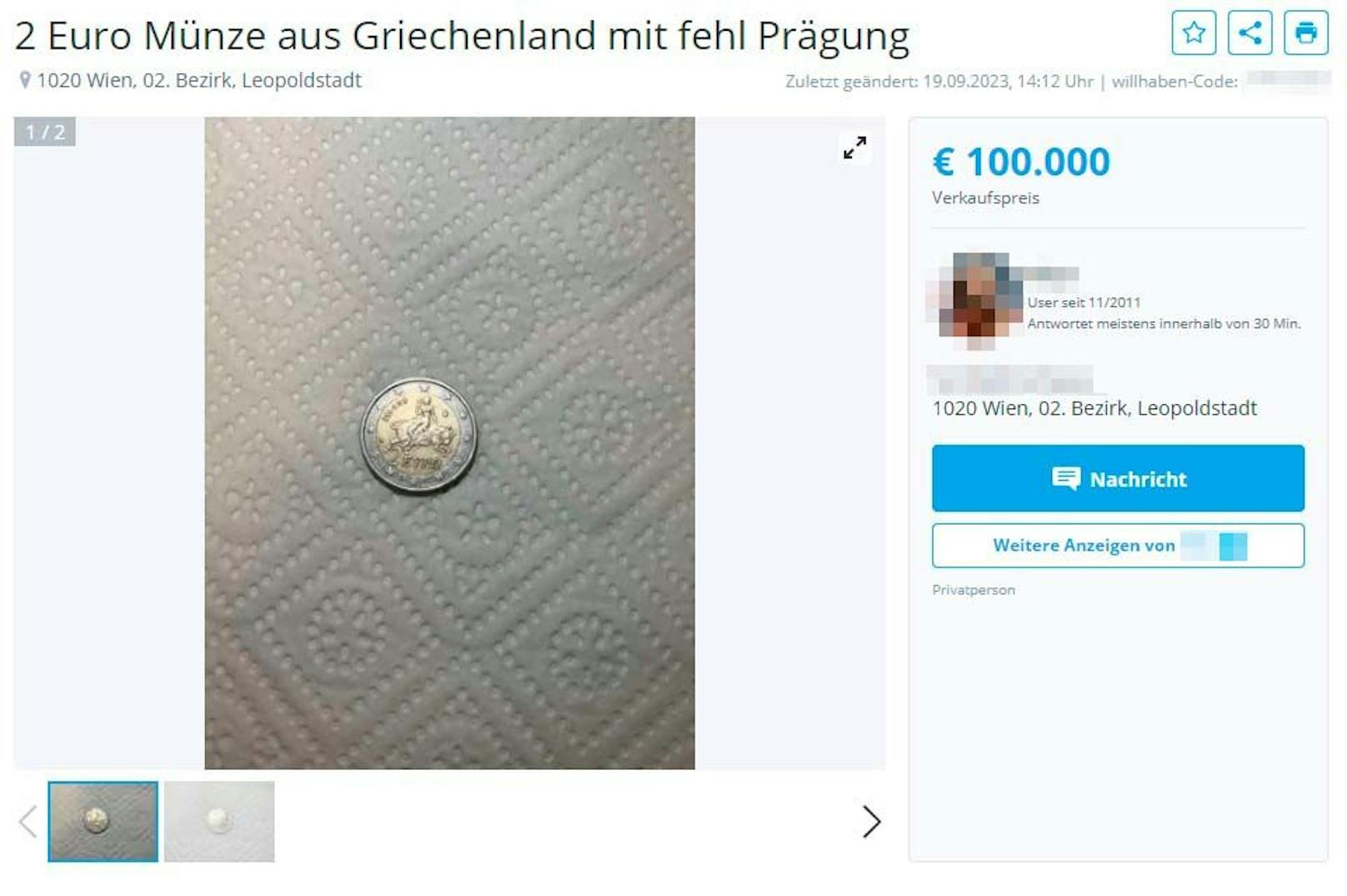 Die scheinbar wertvolle Münze wurde auf einer Küchenrolle abgelichtet.