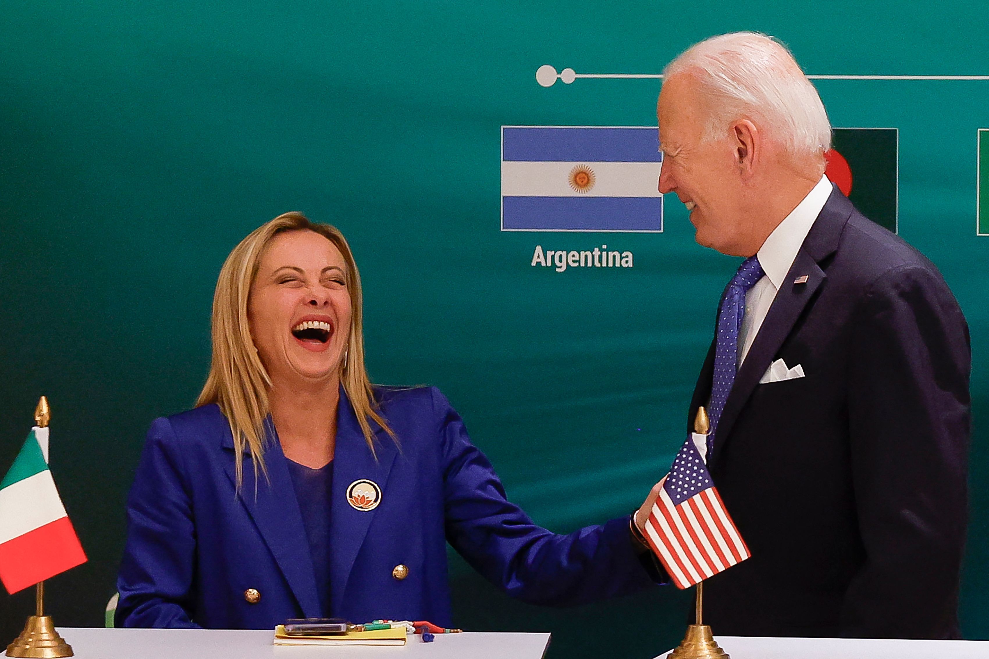 Italiens Regierungschefin <strong>Giorgia Meloni</strong> und US-Präsident <strong>Joe Biden</strong> beim G20 Gipfel in New Delhi am 9. September 2023.